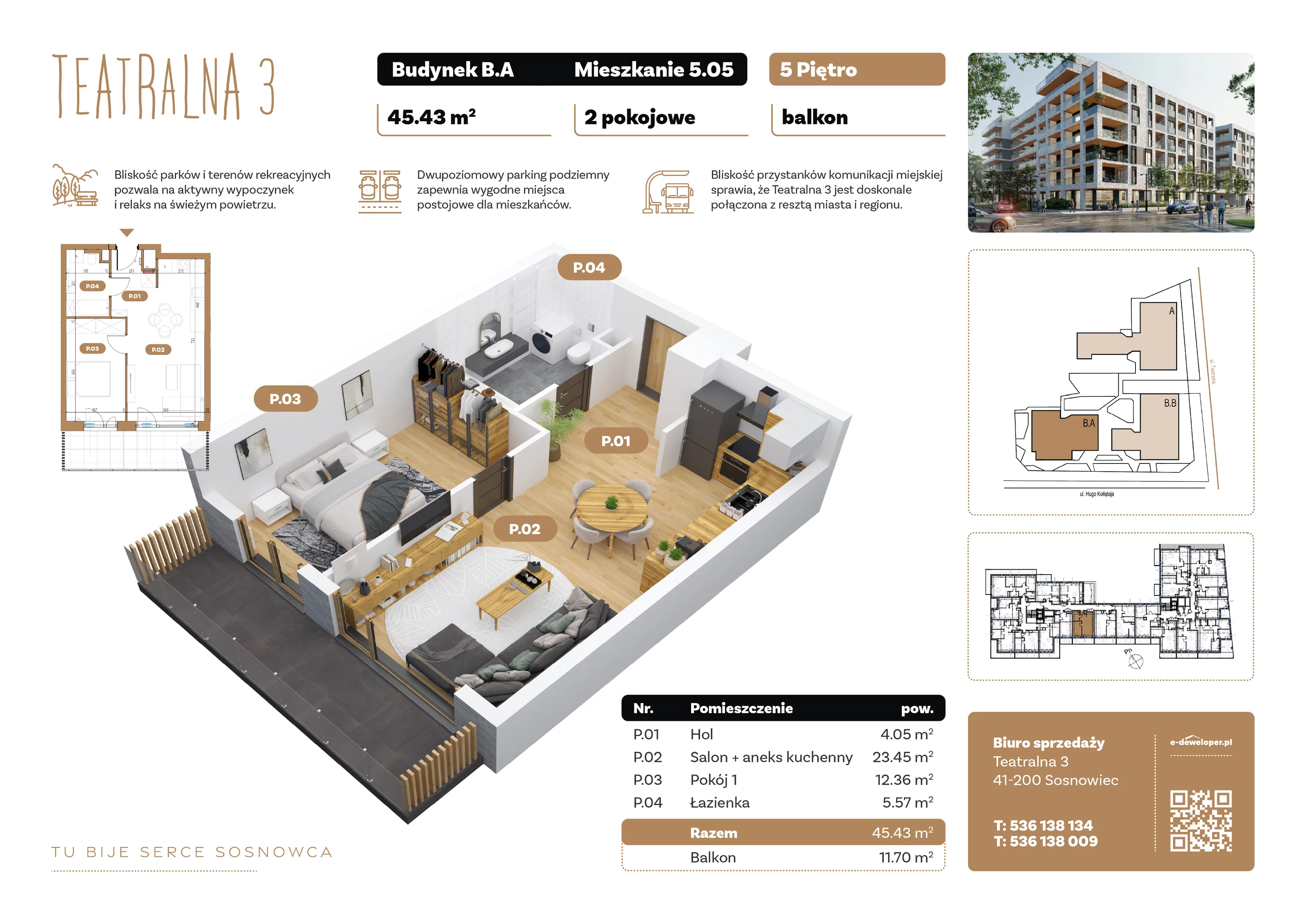 2 pokoje, apartament 45,43 m², piętro 5, oferta nr B5.A.05, Teatralna 3, Sosnowiec, Śródmieście, ul. Teatralna 3
