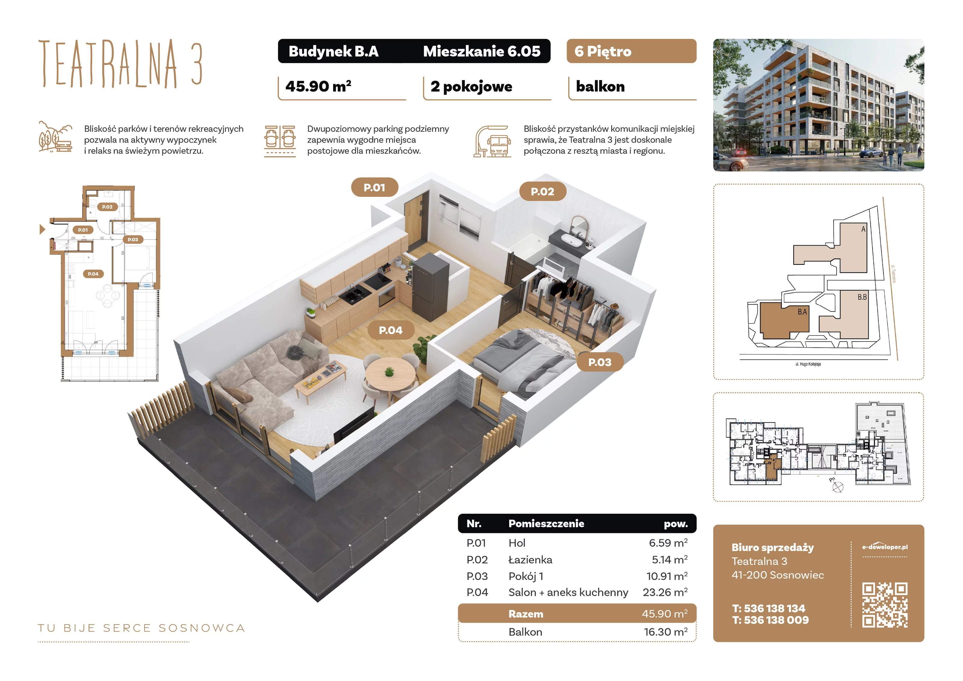 2 pokoje, apartament 45,92 m², piętro 6, oferta nr B6.A.05, Teatralna 3, Sosnowiec, Śródmieście, ul. Teatralna 3