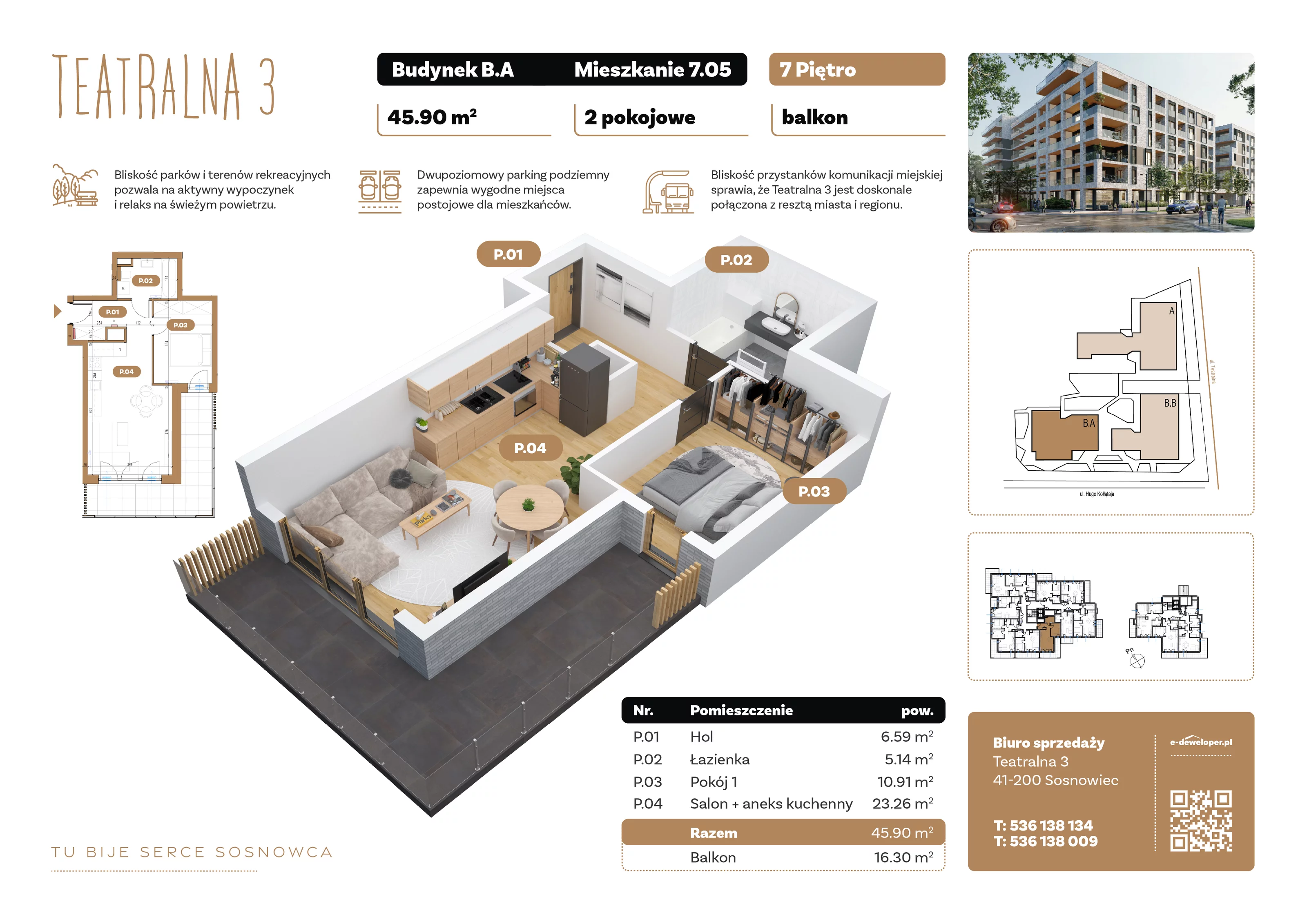 2 pokoje, apartament 45,92 m², piętro 7, oferta nr B7.A.05, Teatralna 3, Sosnowiec, Śródmieście, ul. Teatralna 3