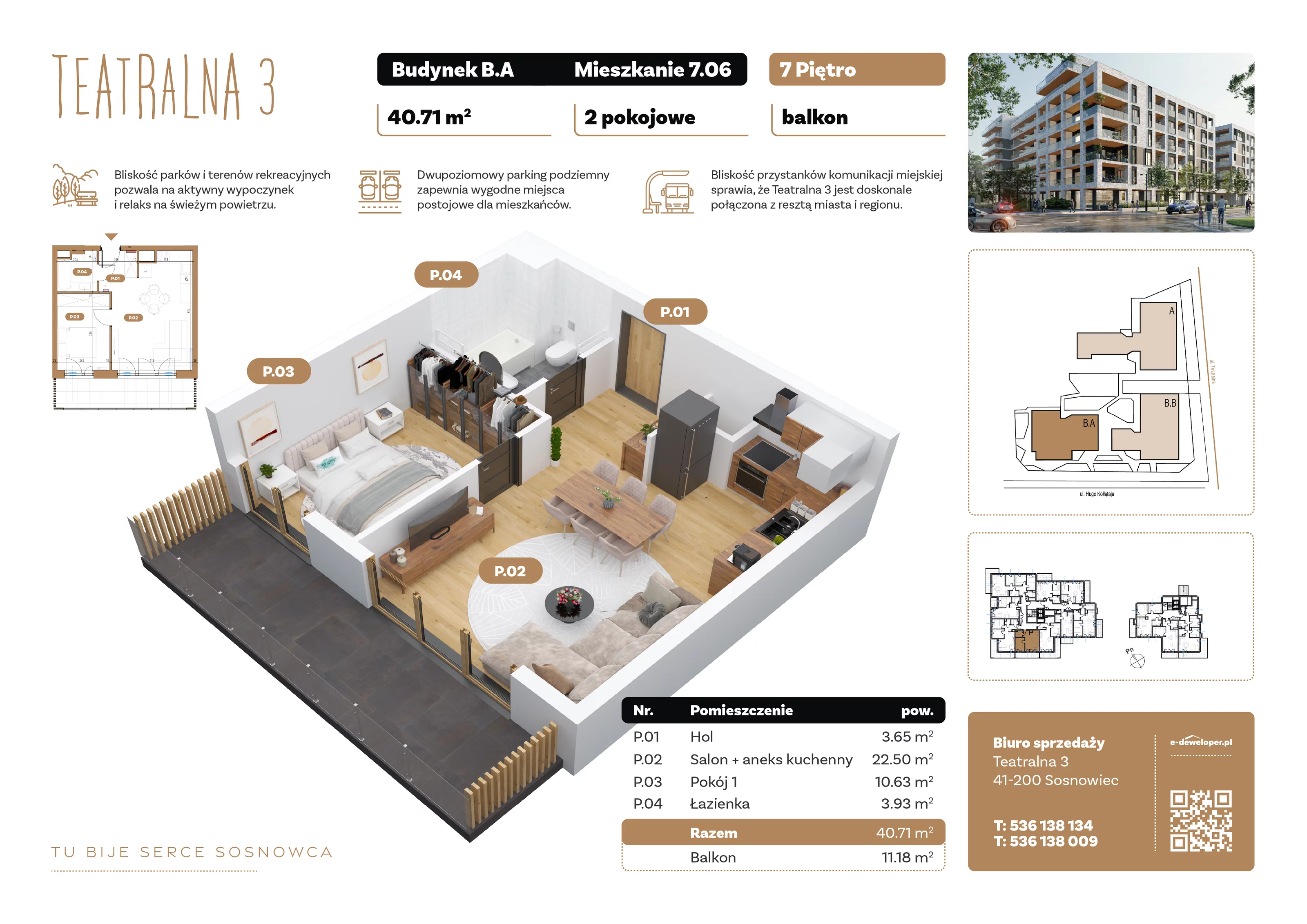 2 pokoje, apartament 40,71 m², piętro 7, oferta nr B7.A.06, Teatralna 3, Sosnowiec, Śródmieście, ul. Teatralna 3