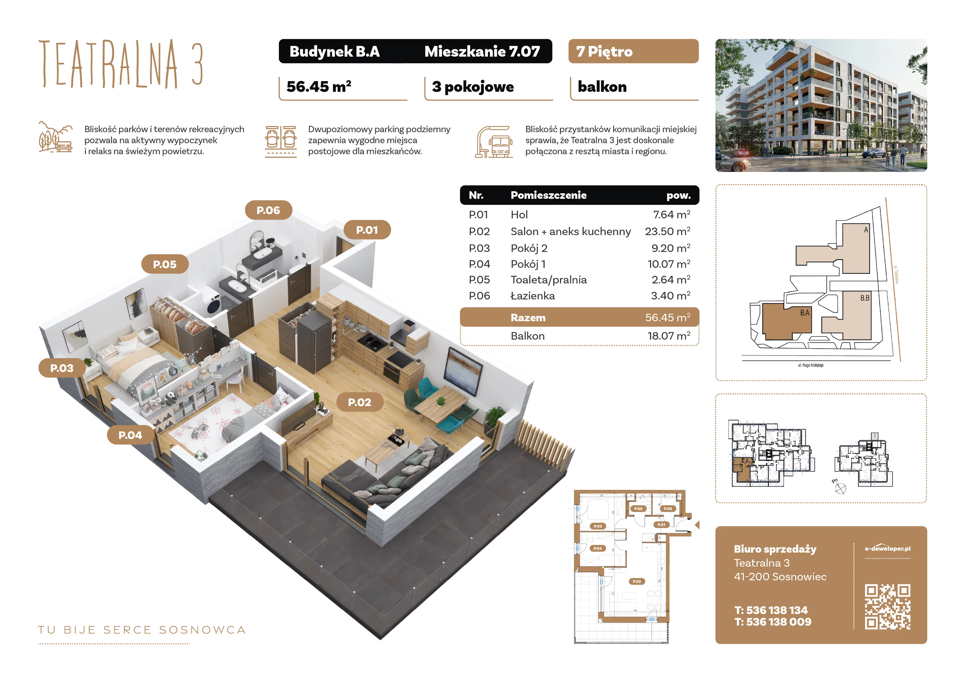 3 pokoje, apartament 56,45 m², piętro 7, oferta nr B7.A.07, Teatralna 3, Sosnowiec, Śródmieście, ul. Teatralna 3