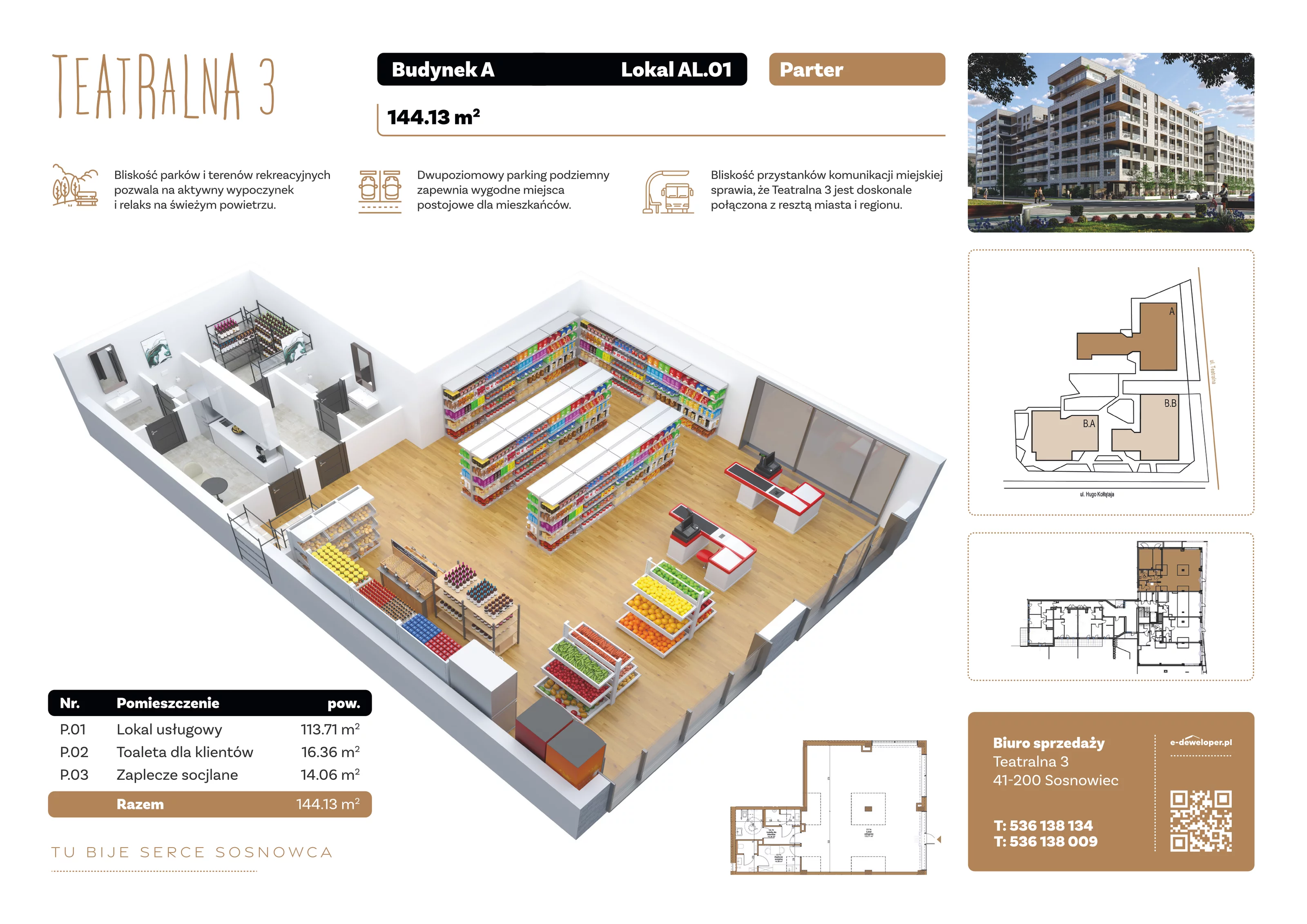 Lokal użytkowy 144,13 m², oferta nr A.LO.01, Teatralna 3 - lokale użytkowe, Sosnowiec, Śródmieście, ul. Teatralna 3