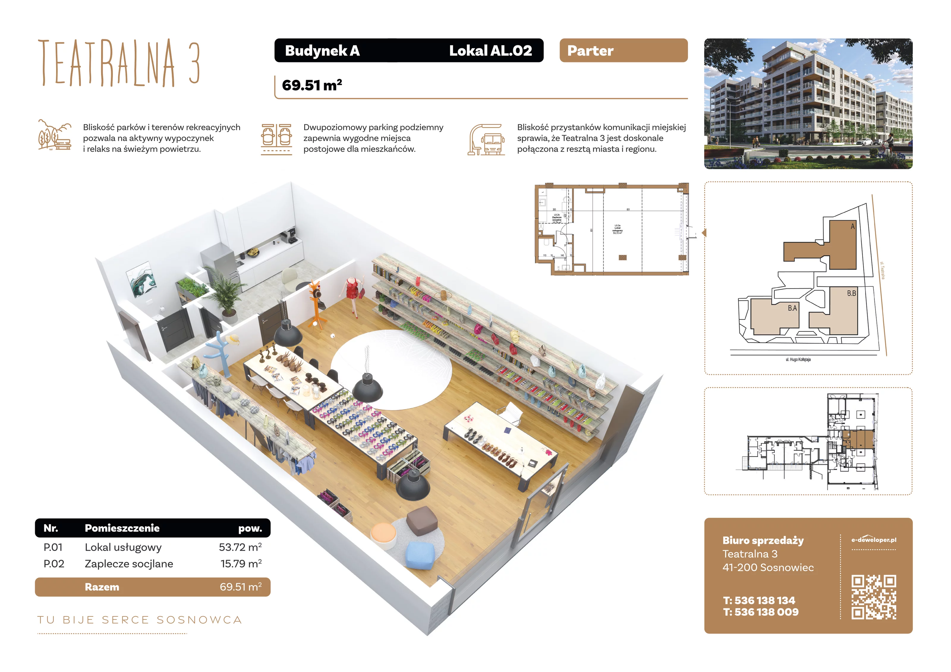 Lokal użytkowy 69,51 m², oferta nr A.LO.02, Teatralna 3 - lokale użytkowe, Sosnowiec, Śródmieście, ul. Teatralna 3