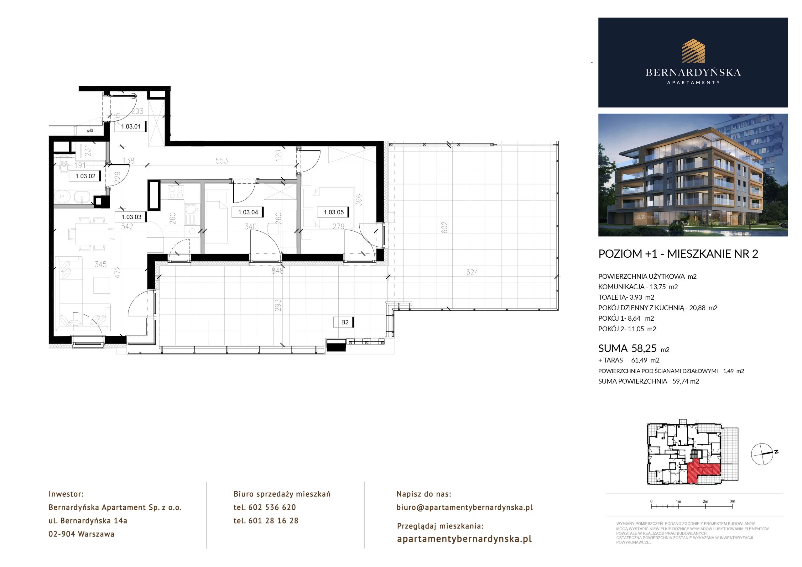 3 pokoje, apartament 58,25 m², piętro 1, oferta nr P1/2, Bernardyńska Apartamenty, Warszawa, Mokotów, ul. Bernardyńska 14A