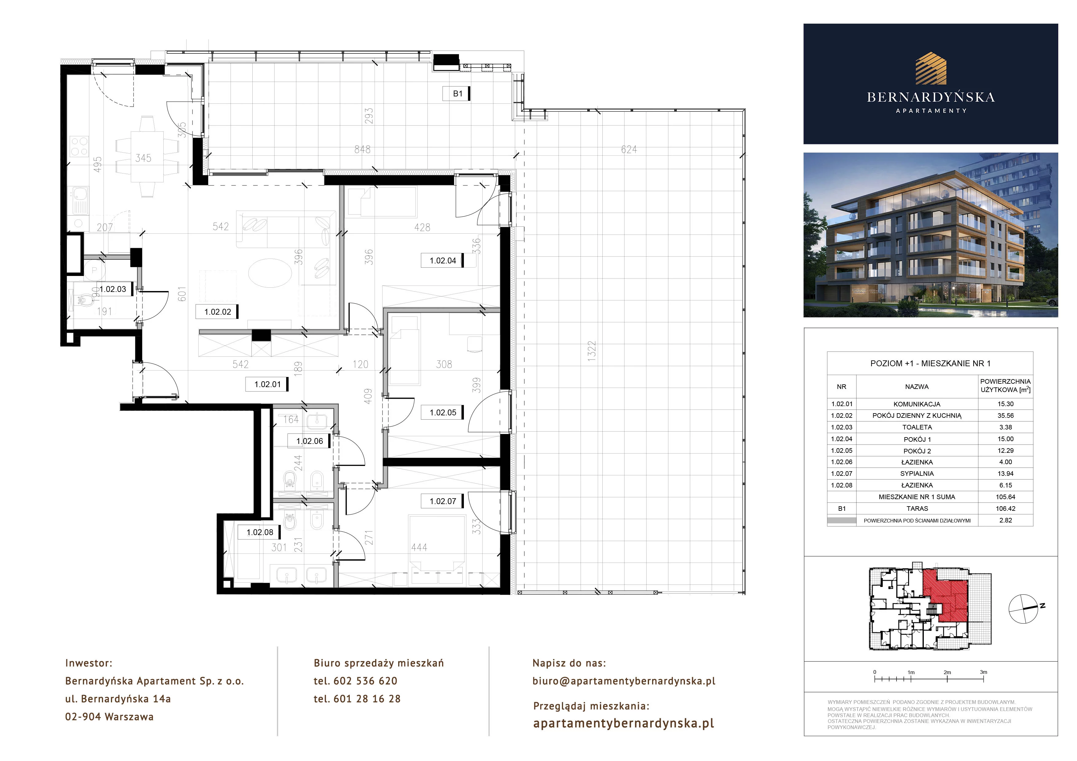 Apartament 105,64 m², piętro 1, oferta nr P1/1, Bernardyńska Apartamenty, Warszawa, Mokotów, ul. Bernardyńska 14A