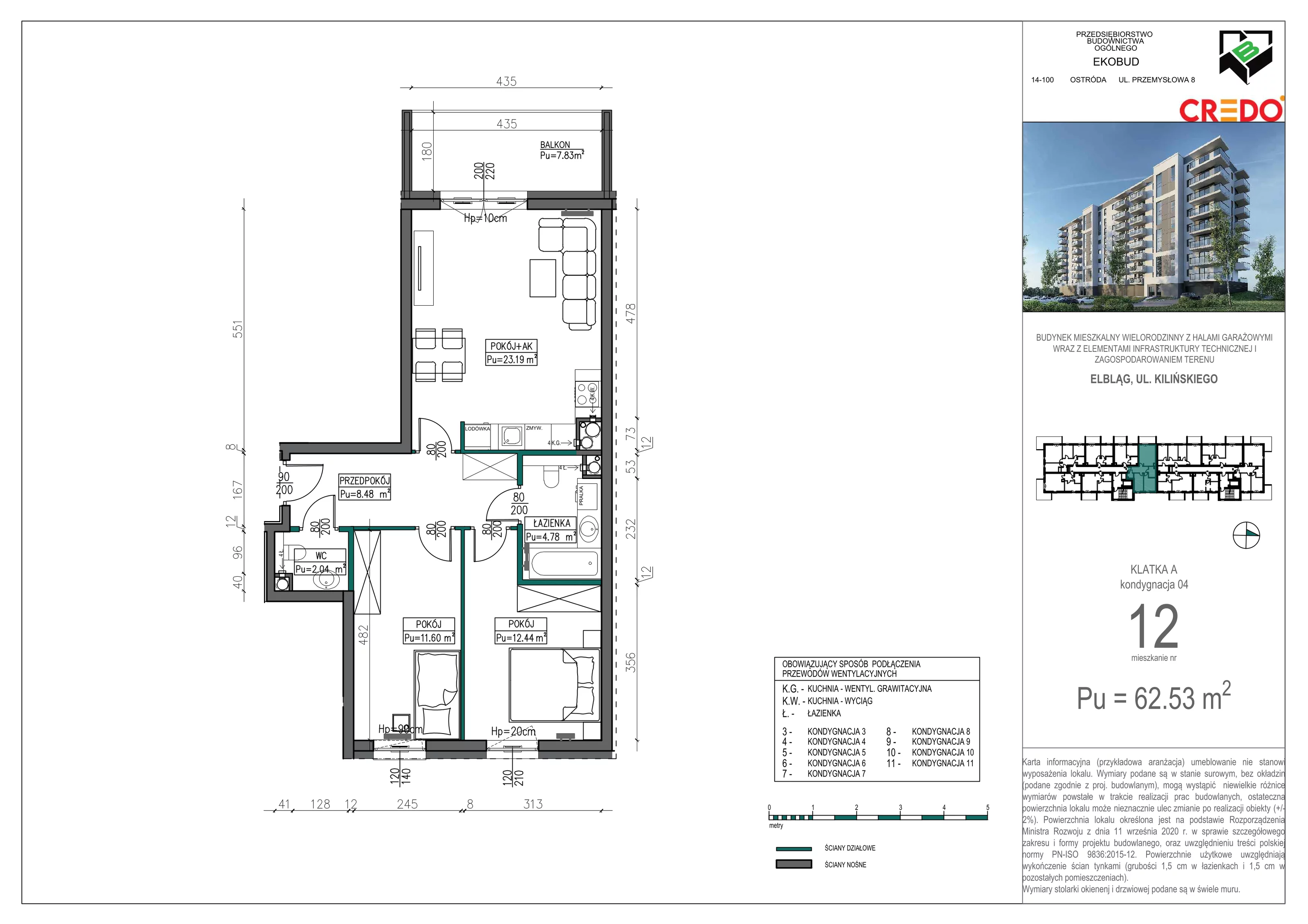 2 pokoje, mieszkanie 62,53 m², piętro 3, oferta nr A12, Kilińskiego, Elbląg, Zatorze, ul. Jana Kilińskiego