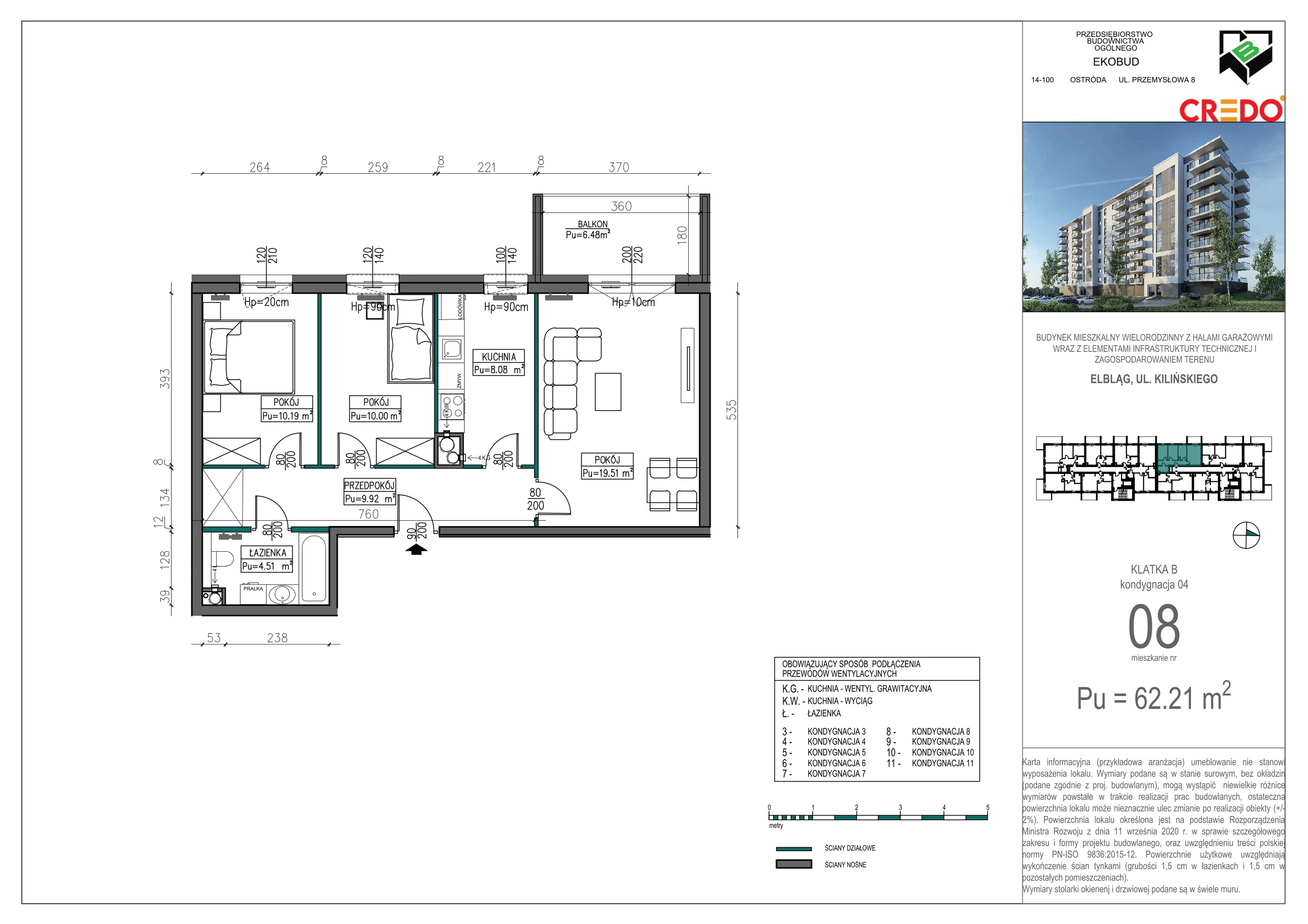 3 pokoje, mieszkanie 62,21 m², piętro 3, oferta nr B08, Kilińskiego, Elbląg, Zatorze, ul. Jana Kilińskiego