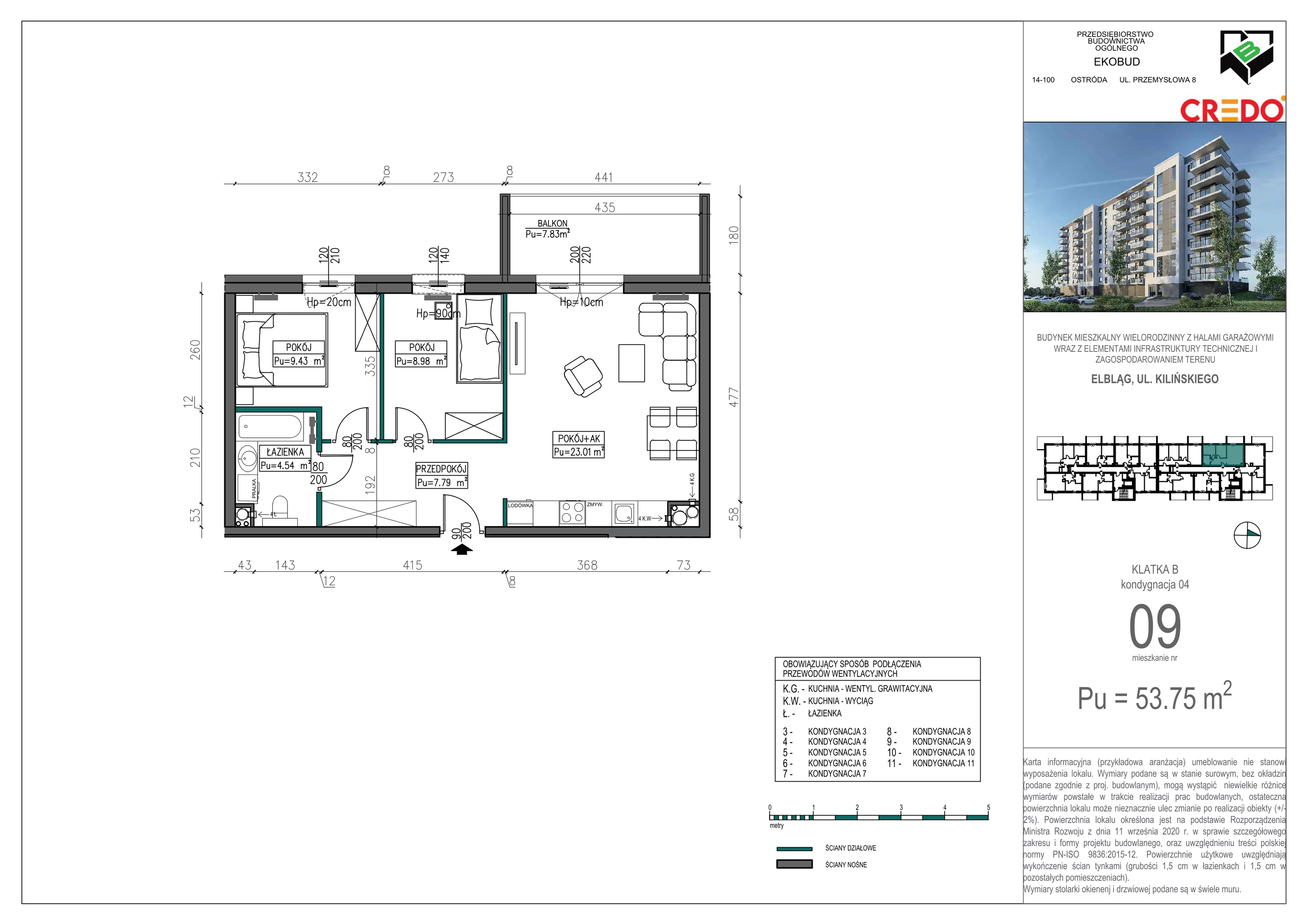 2 pokoje, mieszkanie 53,75 m², piętro 3, oferta nr B09, Kilińskiego, Elbląg, Zatorze, ul. Jana Kilińskiego