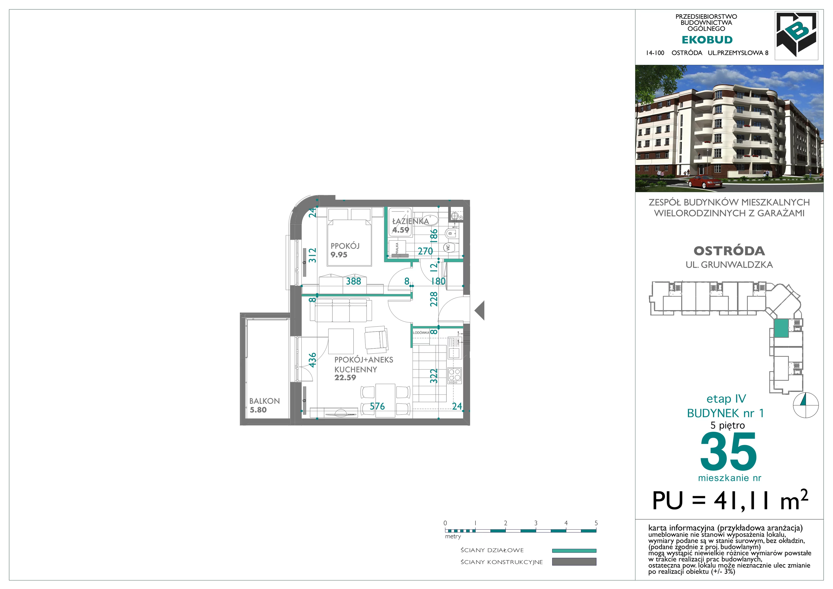 Mieszkanie 41,11 m², piętro 5, oferta nr 35, Osiedle Nove, Ostróda, ul. 1 Dywizji