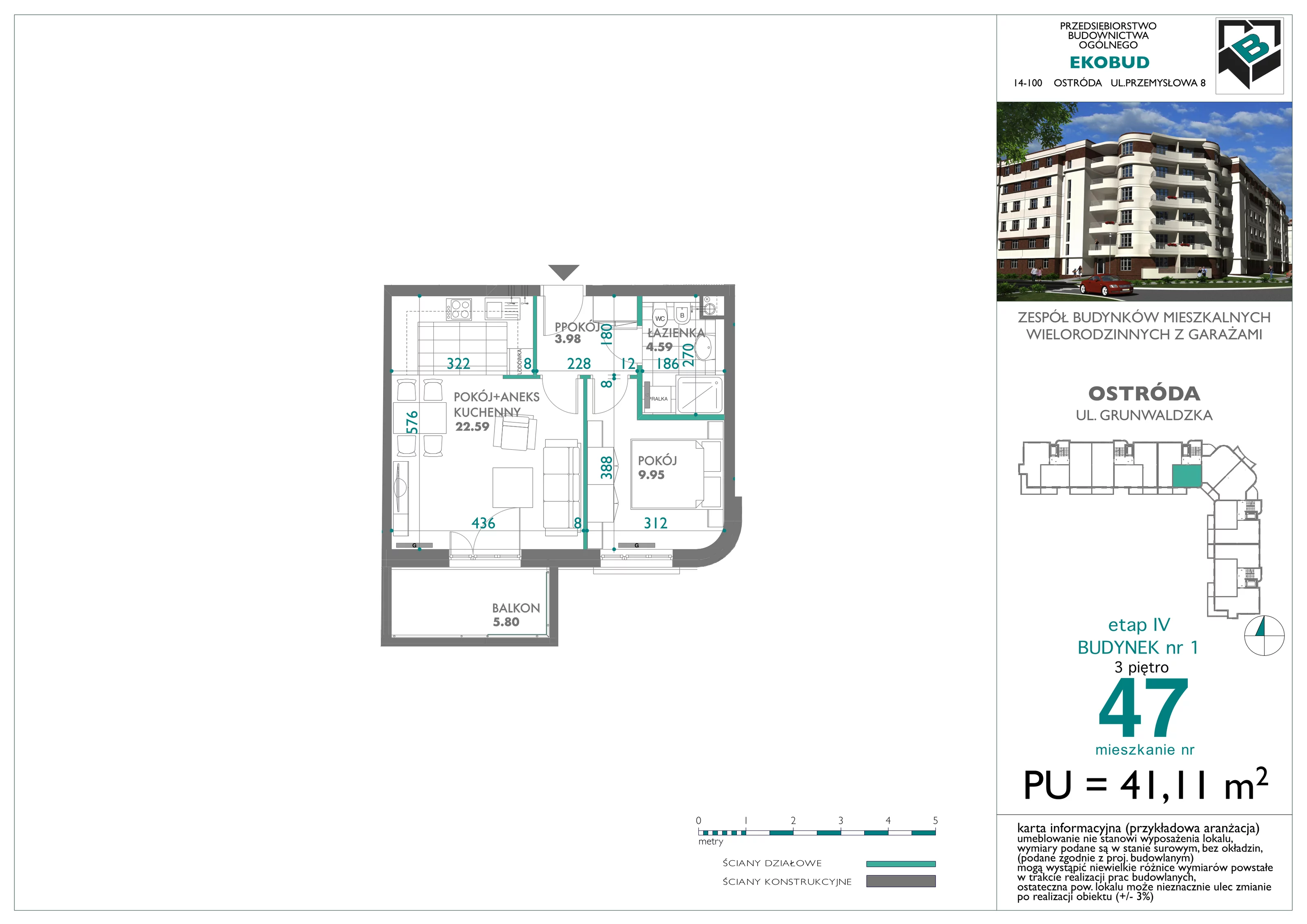 Mieszkanie 41,11 m², piętro 3, oferta nr 47, Osiedle Nove, Ostróda, ul. 1 Dywizji