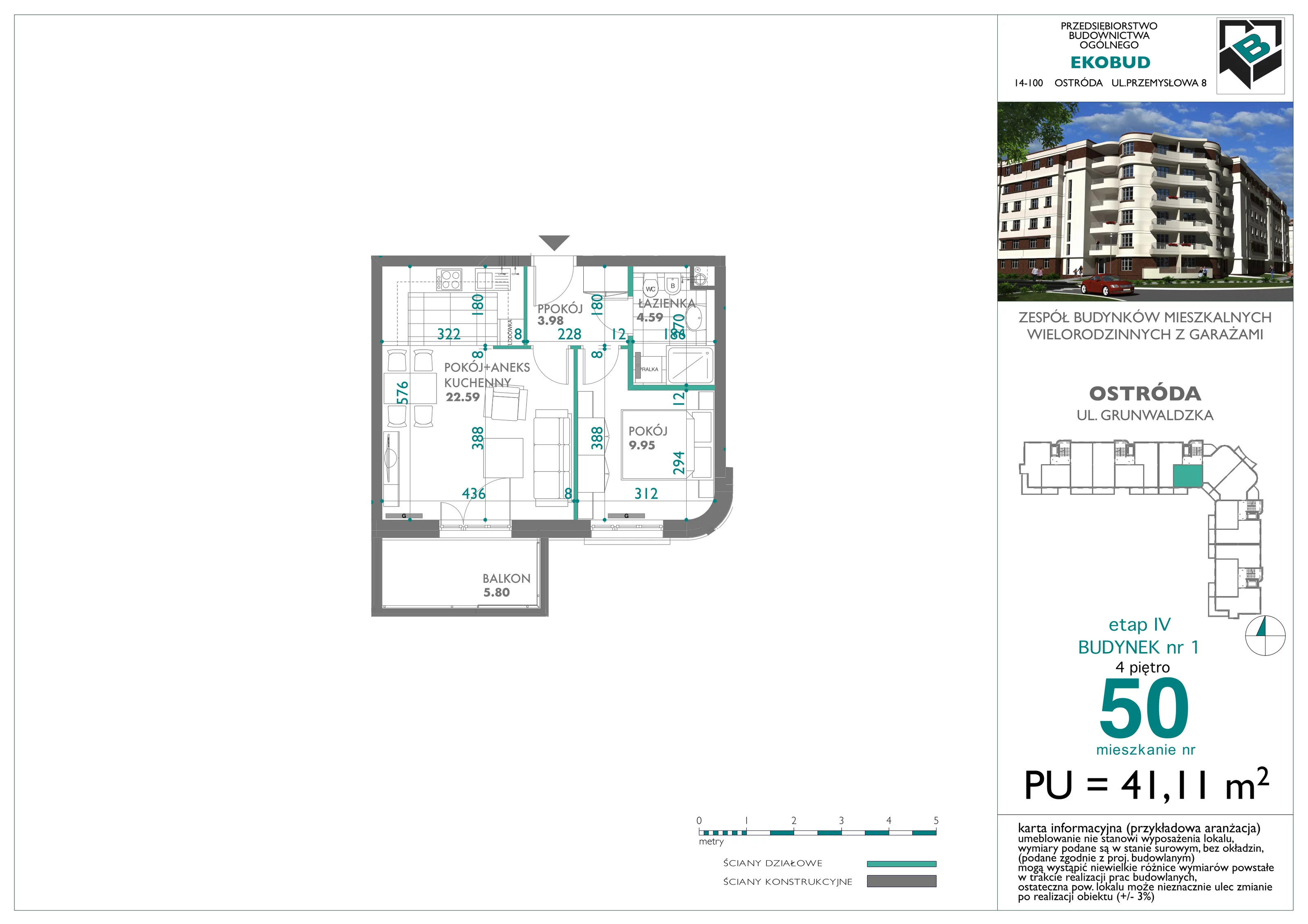 Mieszkanie 41,11 m², piętro 4, oferta nr 50, Osiedle Nove, Ostróda, ul. 1 Dywizji