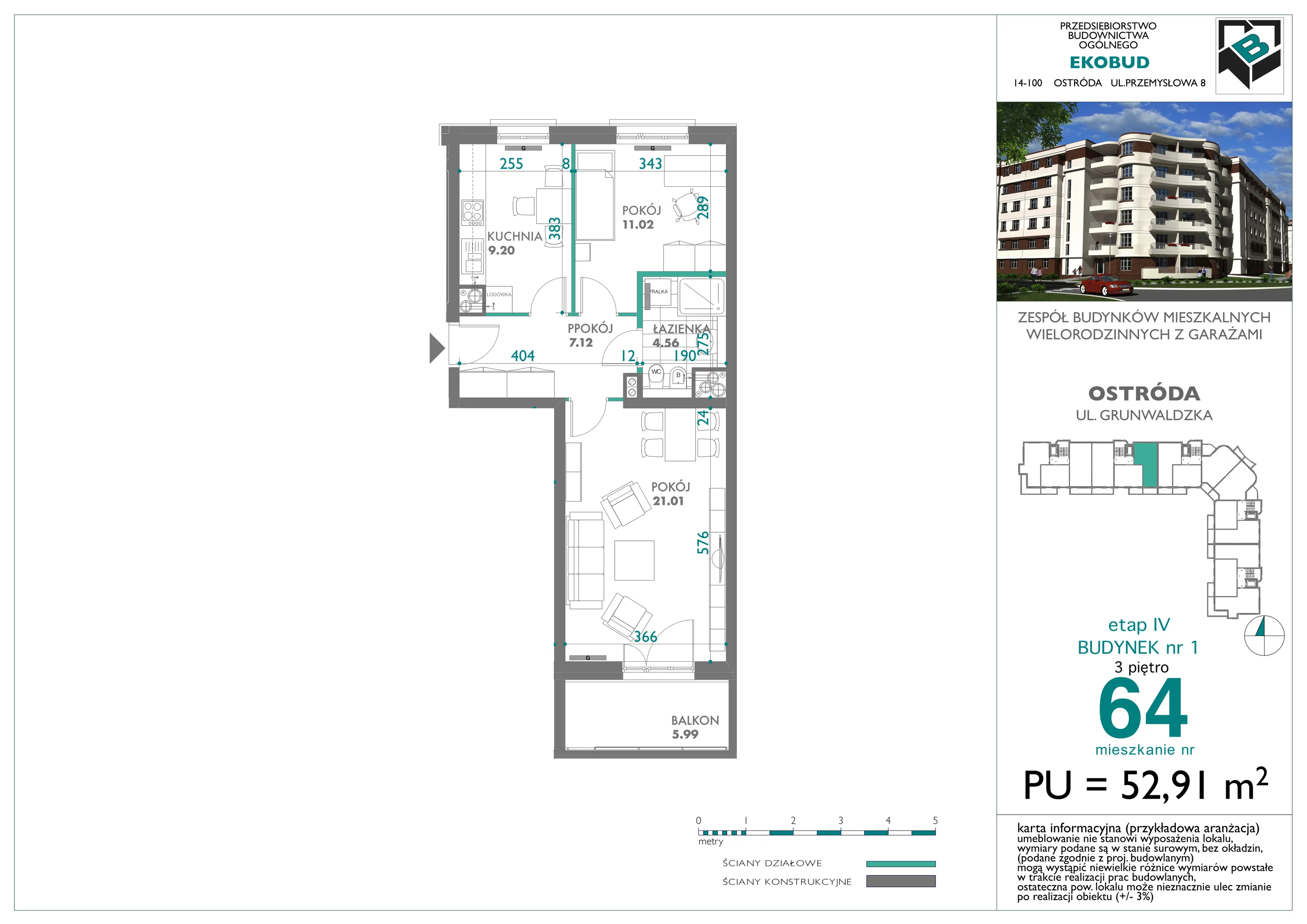 2 pokoje, mieszkanie 52,91 m², piętro 3, oferta nr 64, Osiedle Nove, Ostróda, ul. 1 Dywizji