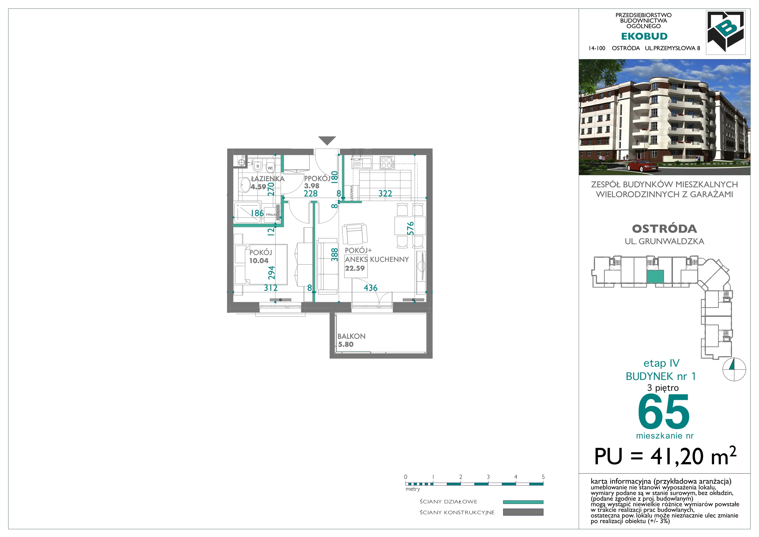 Mieszkanie 41,20 m², piętro 3, oferta nr 65, Osiedle Nove, Ostróda, ul. 1 Dywizji