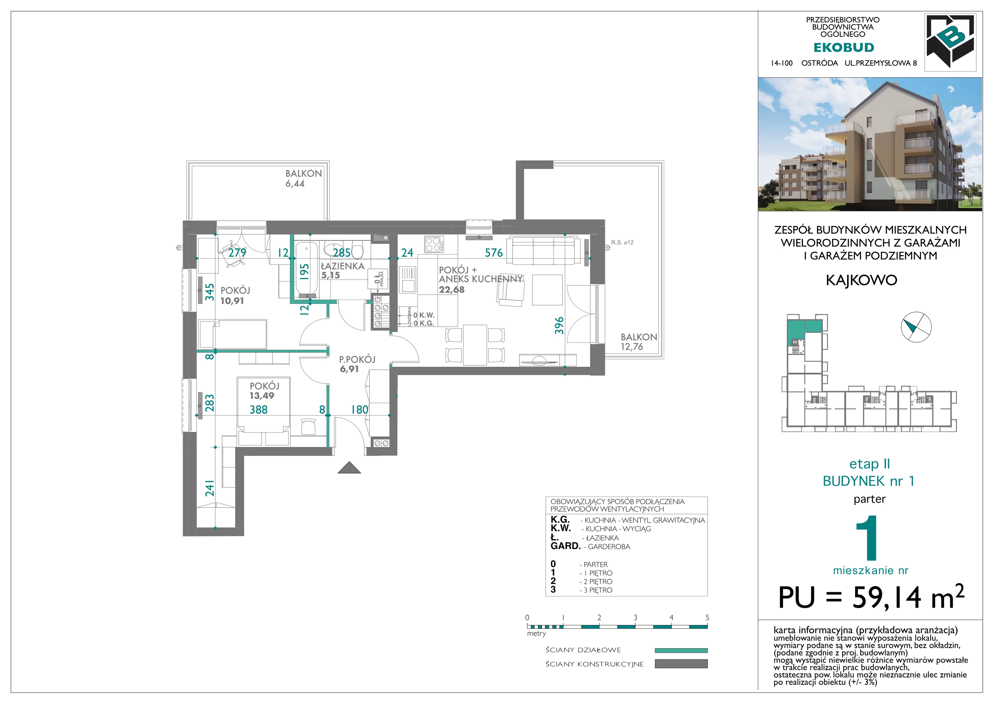 3 pokoje, mieszkanie 59,14 m², parter, oferta nr bud-1-M1, Osiedle Central Park - etap II, Kajkowo, ul. Widok