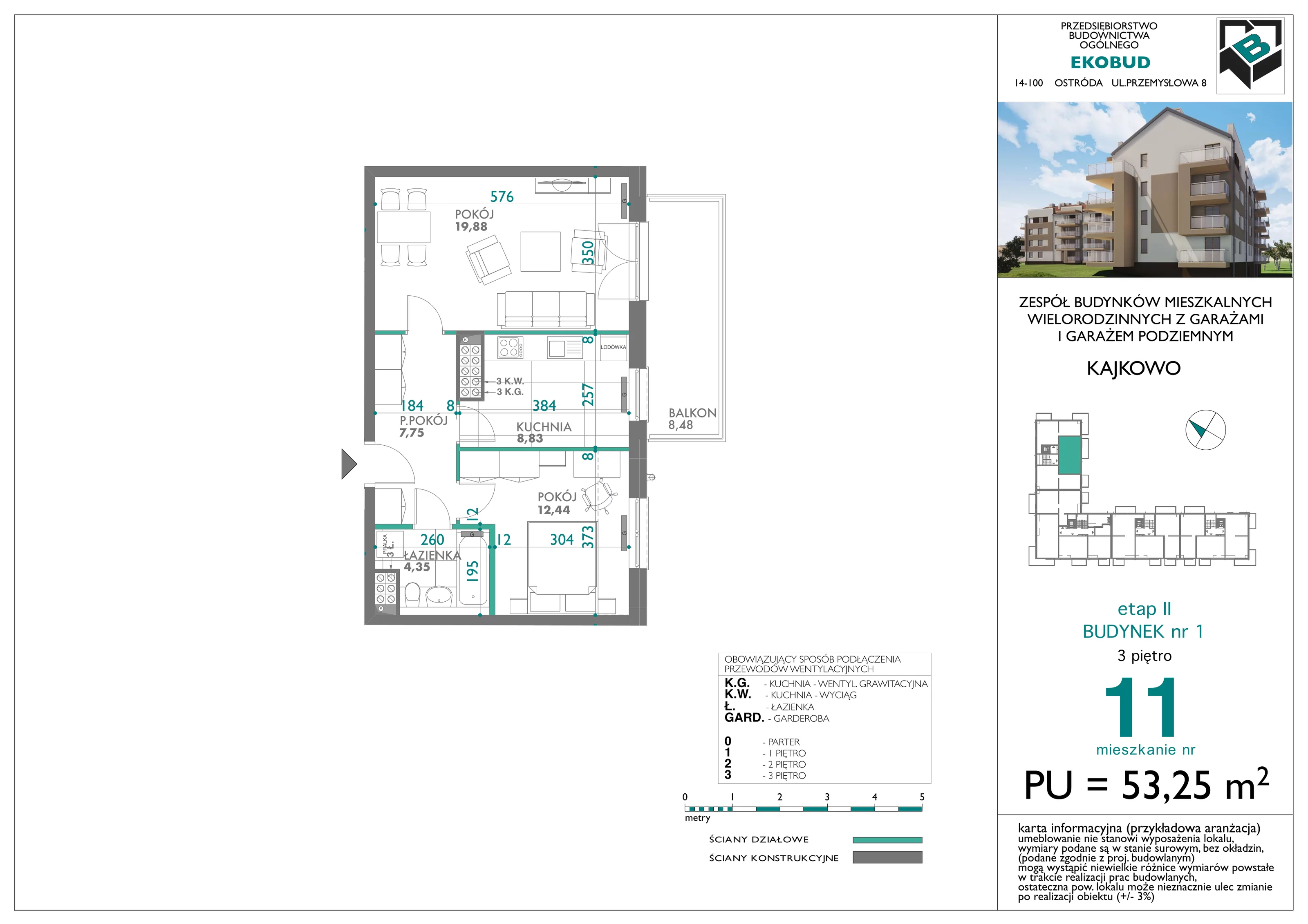 2 pokoje, mieszkanie 53,25 m², piętro 3, oferta nr bud-1-M11, Osiedle Central Park - etap II, Kajkowo, ul. Widok