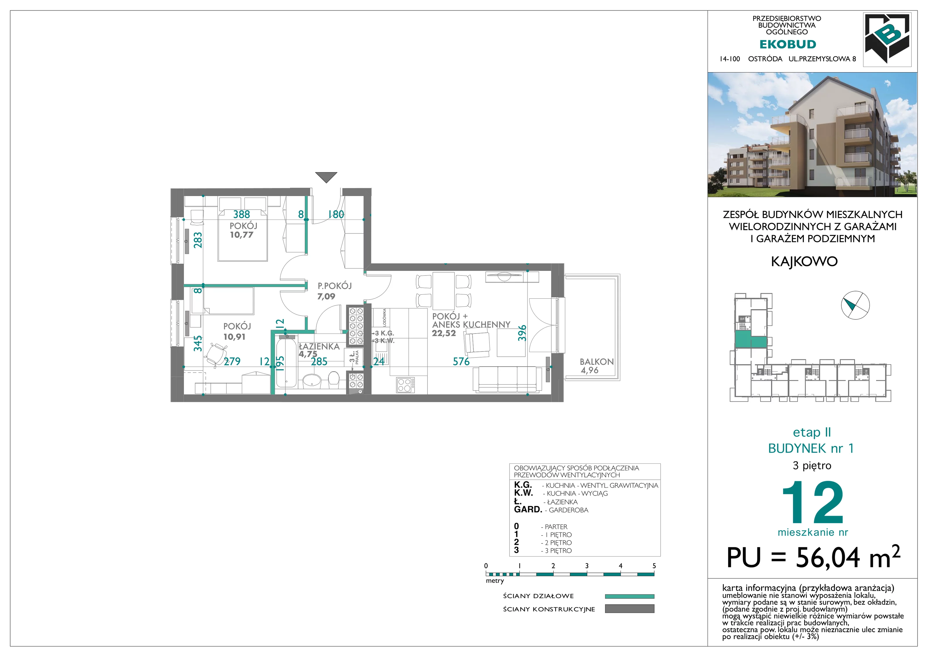 3 pokoje, mieszkanie 56,04 m², piętro 3, oferta nr bud-1-M12, Osiedle Central Park - etap II, Kajkowo, ul. Widok