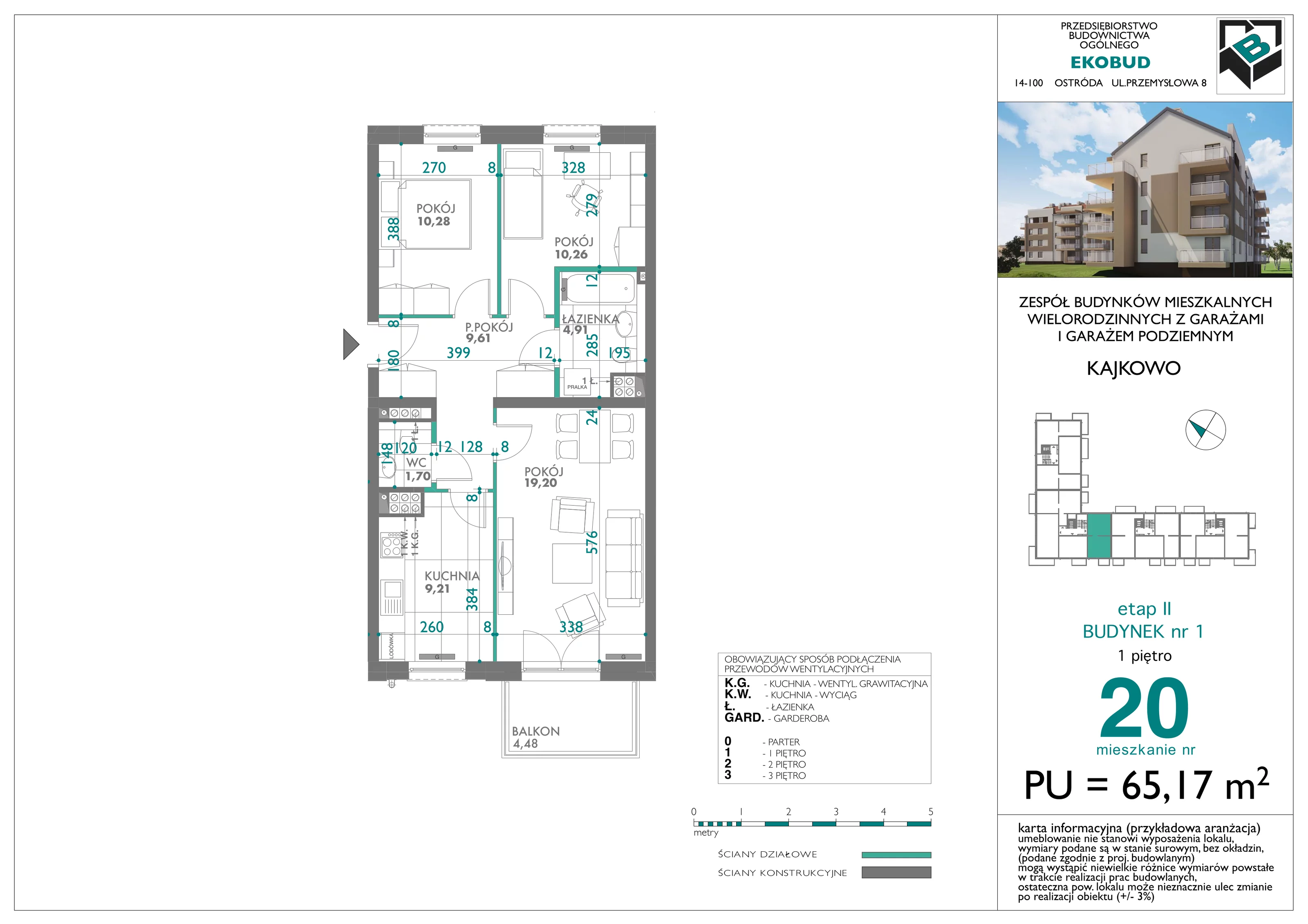 3 pokoje, mieszkanie 65,17 m², piętro 1, oferta nr bud-1-M20, Osiedle Central Park - etap II, Kajkowo, ul. Widok