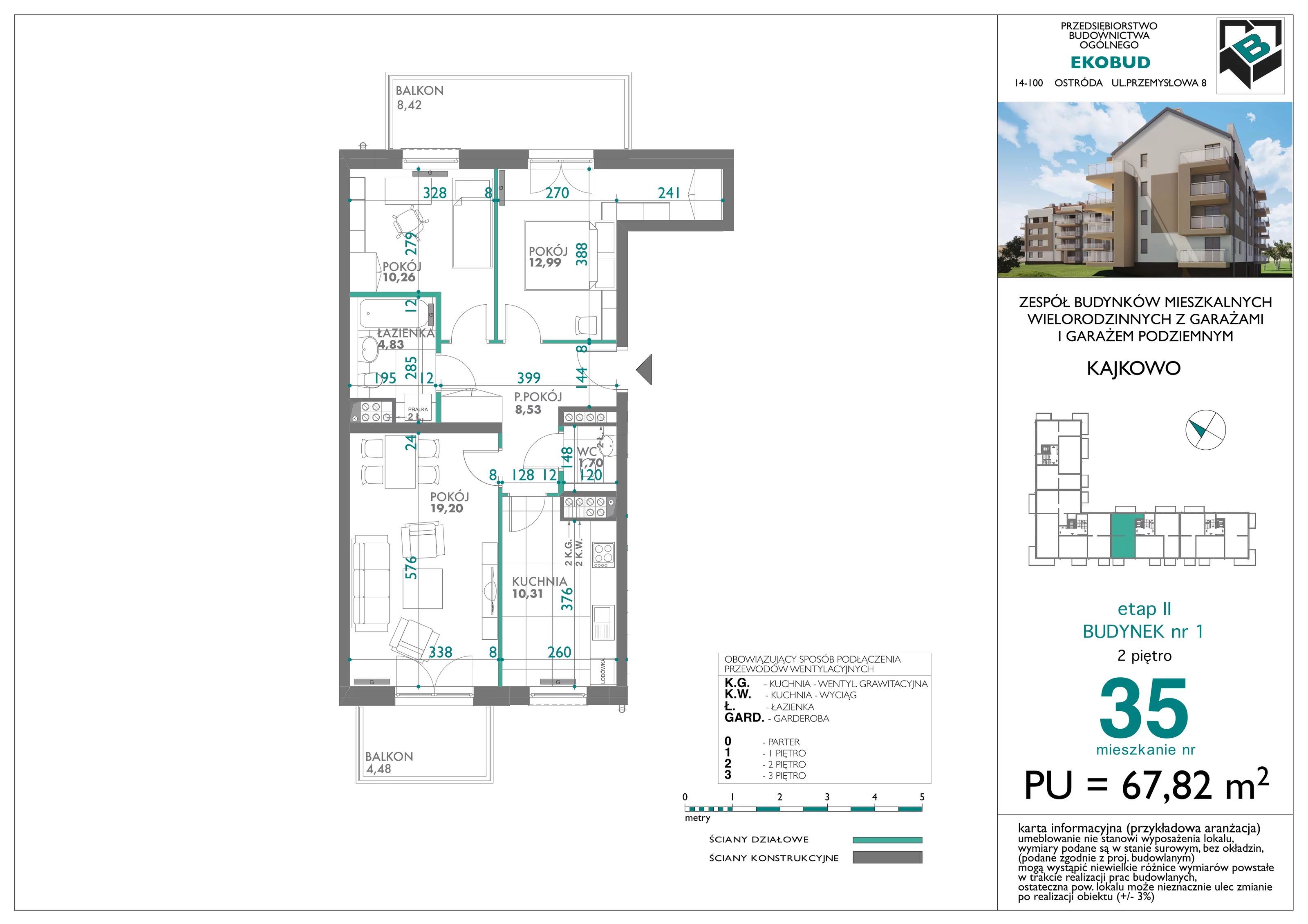 3 pokoje, mieszkanie 67,82 m², piętro 2, oferta nr bud-1-M35, Osiedle Central Park - etap II, Kajkowo, ul. Widok