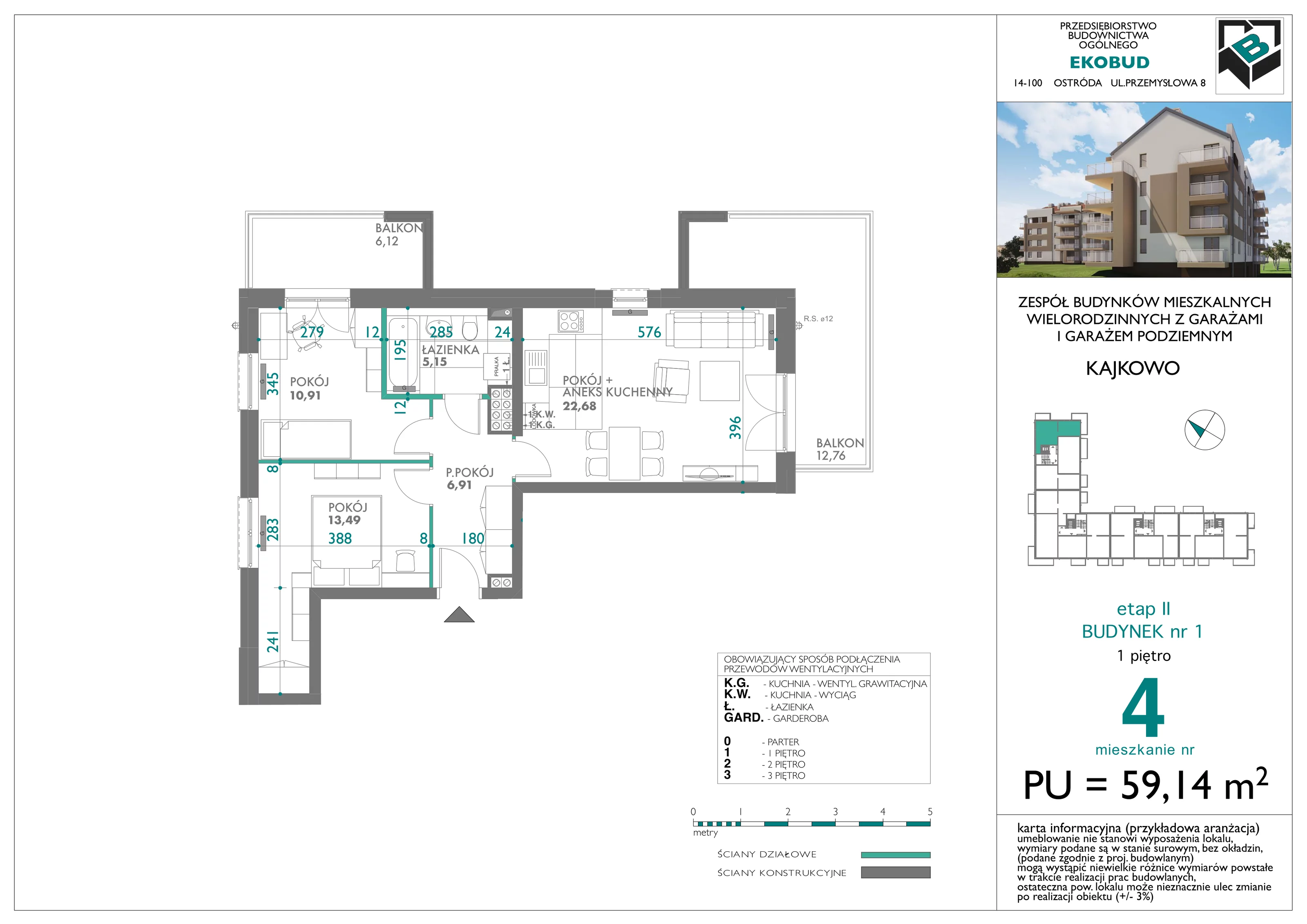 3 pokoje, mieszkanie 59,14 m², piętro 1, oferta nr bud-1-M4, Osiedle Central Park - etap II, Kajkowo, ul. Widok