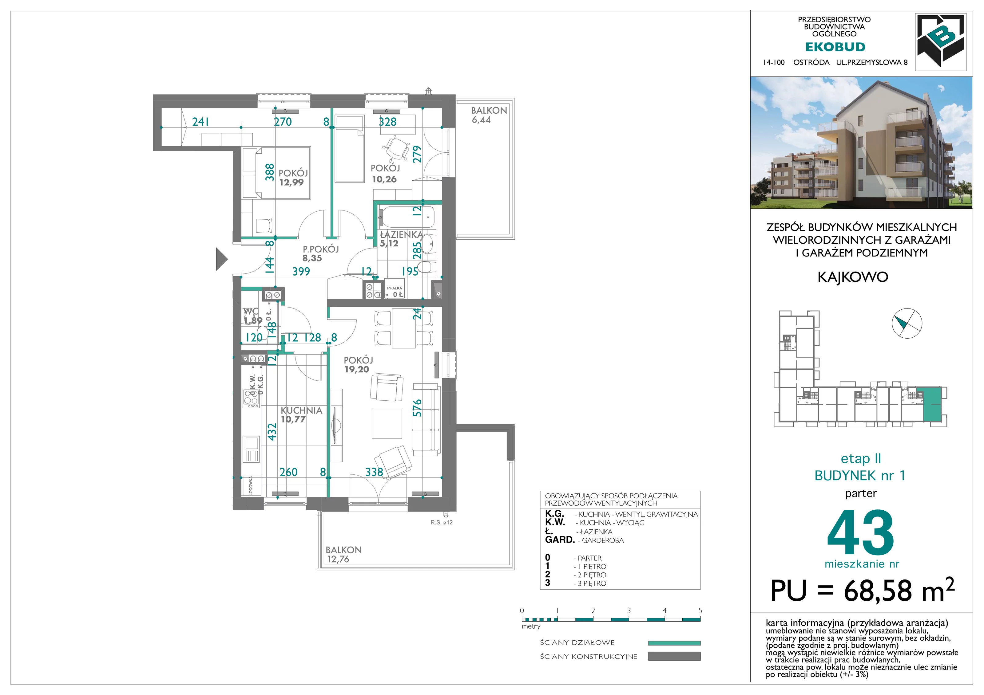 3 pokoje, mieszkanie 68,58 m², parter, oferta nr bud-1-M43, Osiedle Central Park - etap II, Kajkowo, ul. Widok