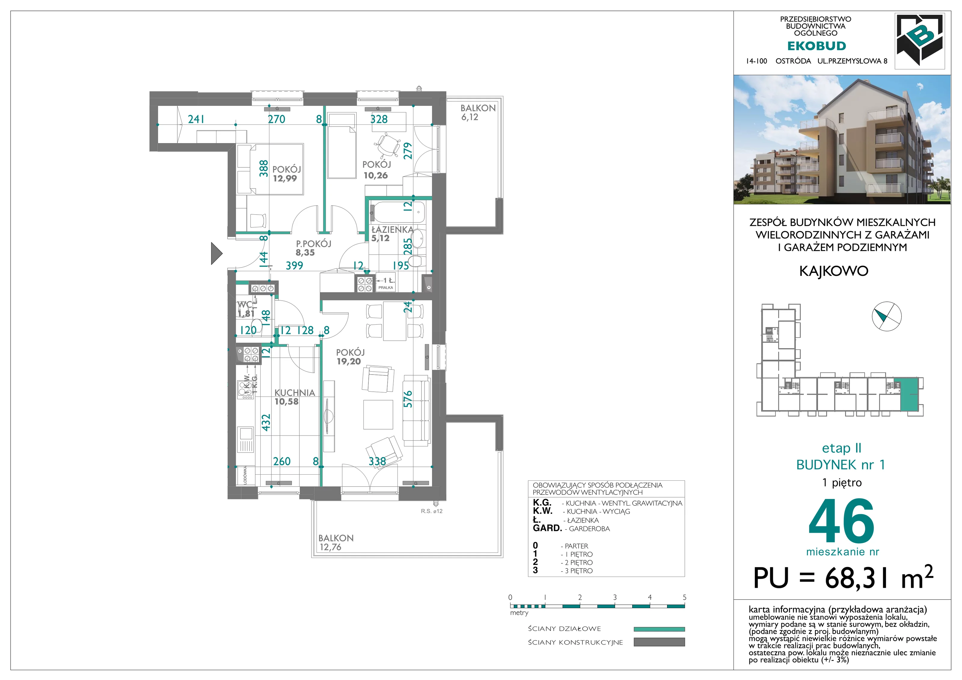 3 pokoje, mieszkanie 68,31 m², piętro 1, oferta nr bud-1-M46, Osiedle Central Park - etap II, Kajkowo, ul. Widok