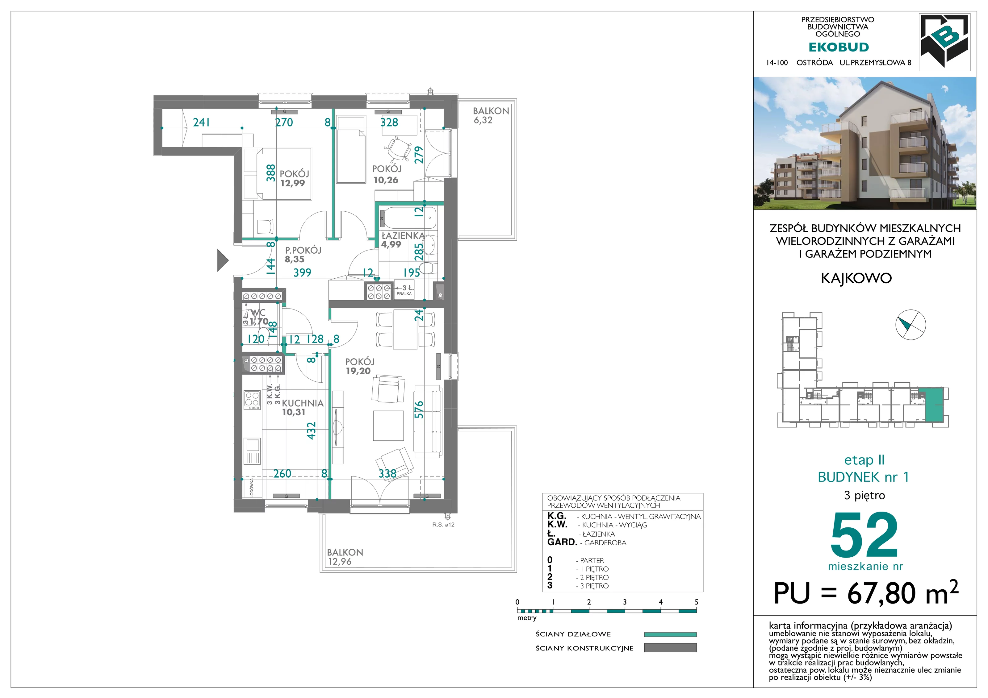 3 pokoje, mieszkanie 67,80 m², piętro 3, oferta nr bud-1-M52, Osiedle Central Park - etap II, Kajkowo, ul. Widok