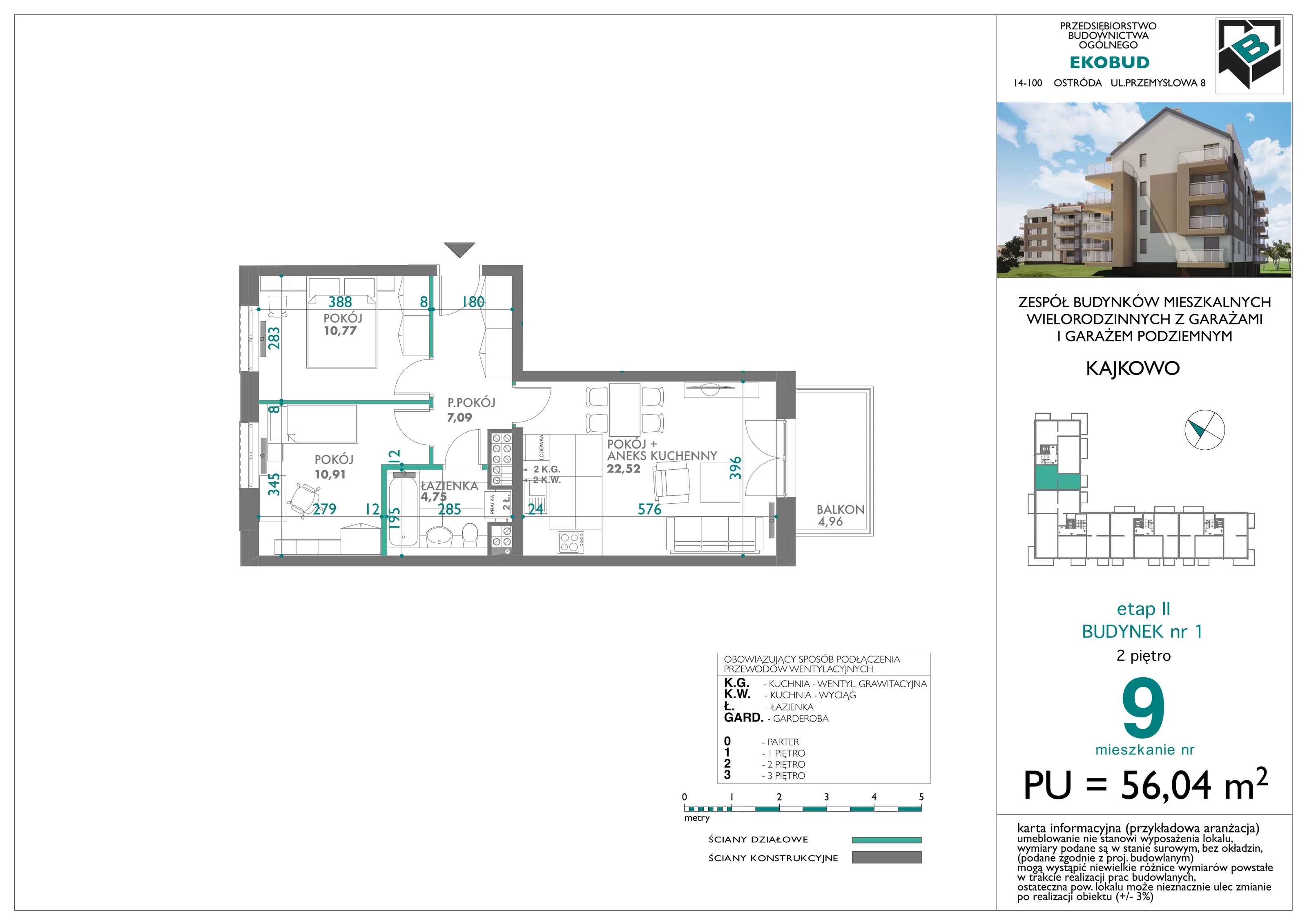 3 pokoje, mieszkanie 56,04 m², piętro 2, oferta nr bud-1-M9, Osiedle Central Park - etap II, Kajkowo, ul. Widok