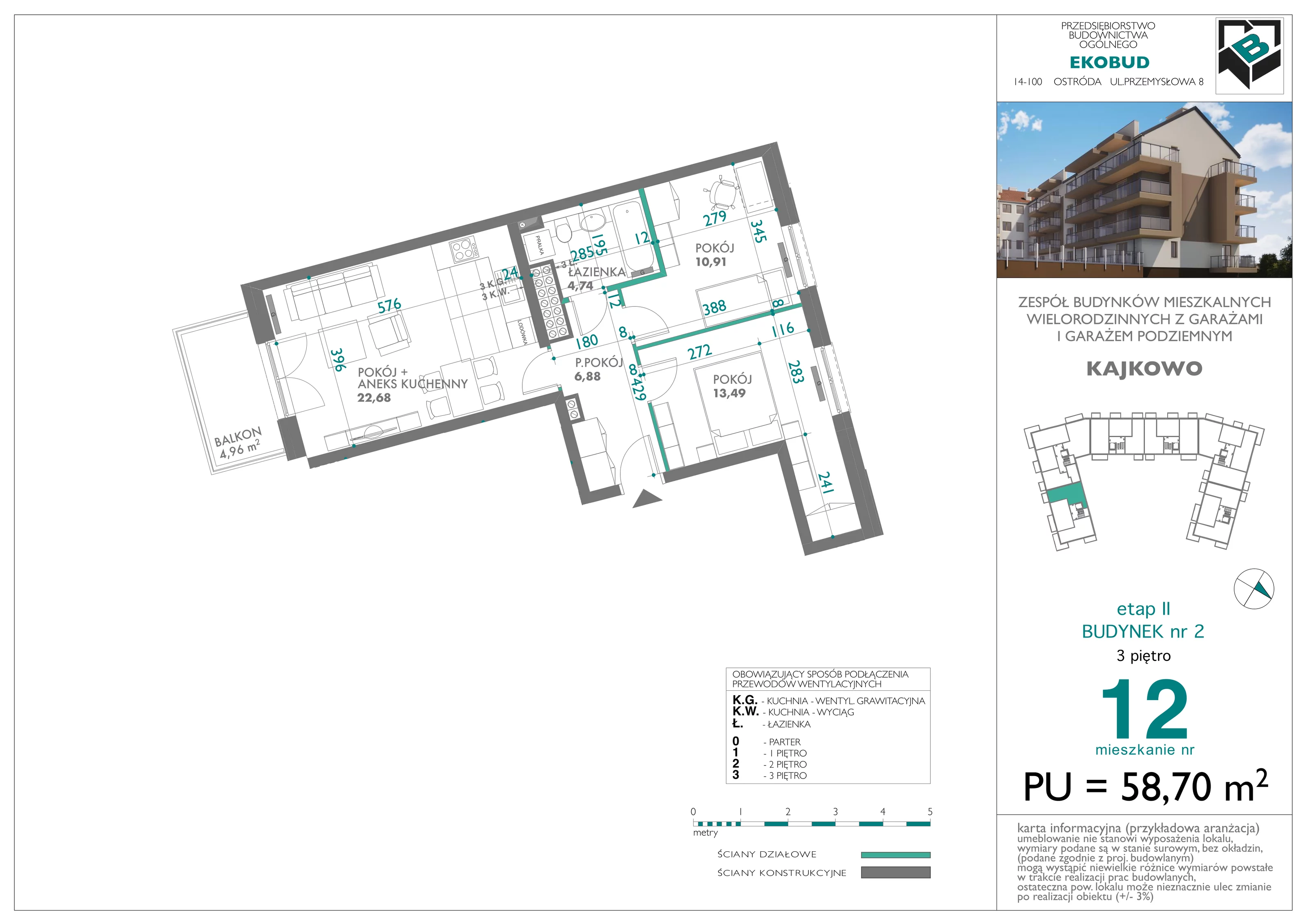 3 pokoje, mieszkanie 58,70 m², piętro 3, oferta nr bud-2-M12, Osiedle Central Park - etap II, Kajkowo, ul. Widok