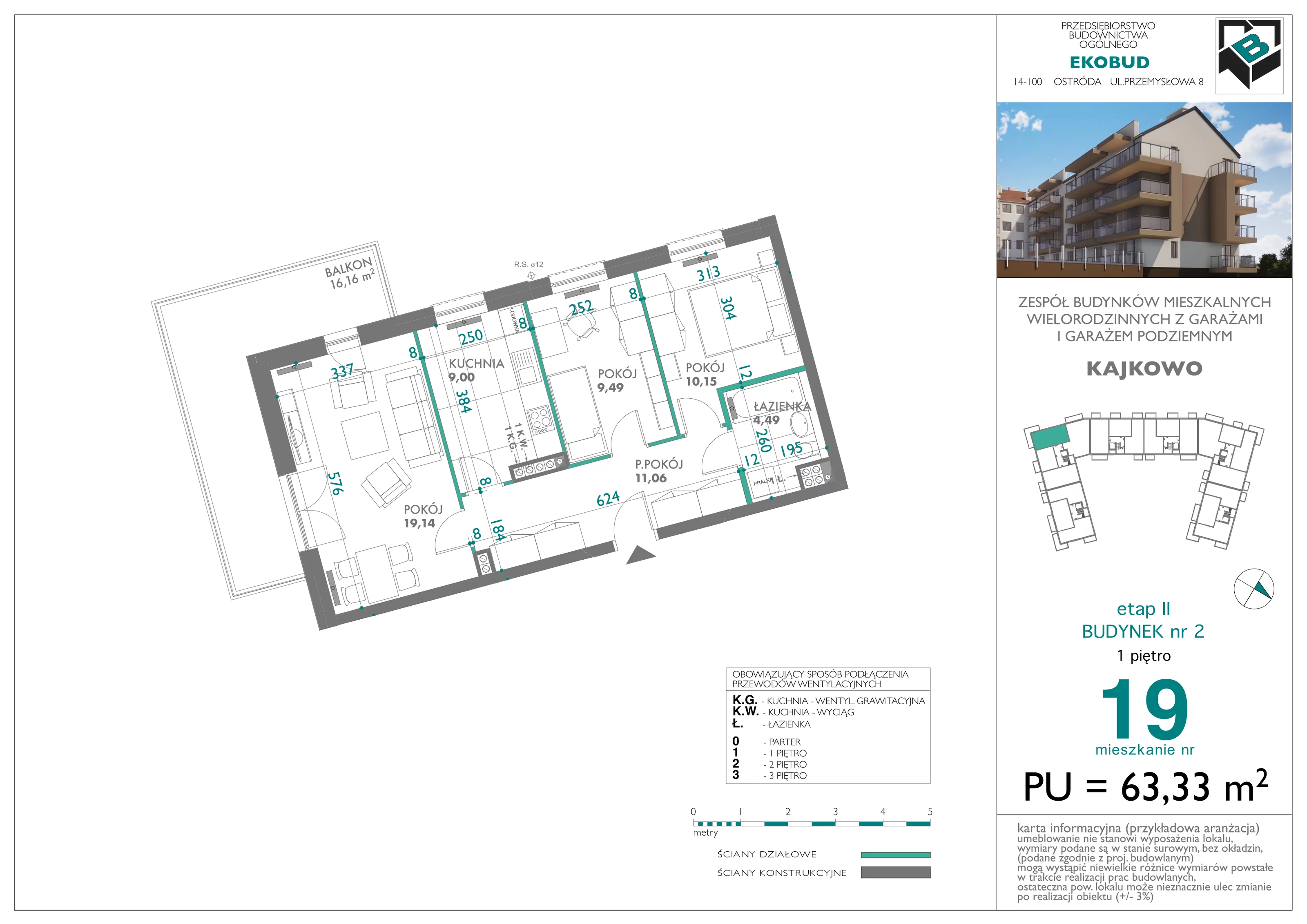 3 pokoje, mieszkanie 63,33 m², piętro 1, oferta nr bud-2-M19, Osiedle Central Park - etap II, Kajkowo, ul. Widok