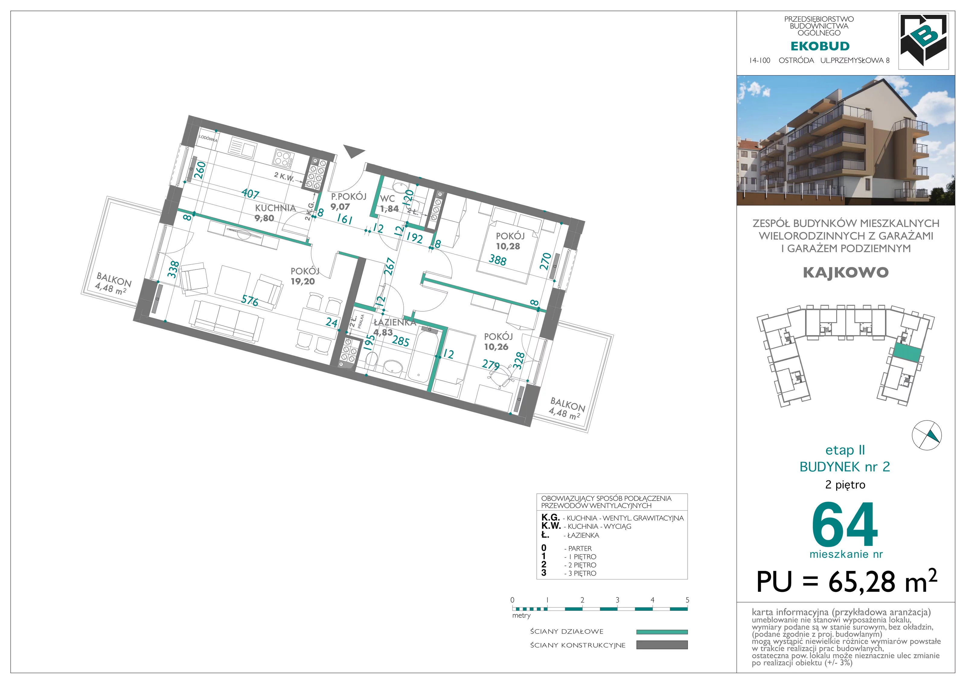 3 pokoje, mieszkanie 65,28 m², piętro 2, oferta nr bud-2-M64, Osiedle Central Park - etap II, Kajkowo, ul. Widok