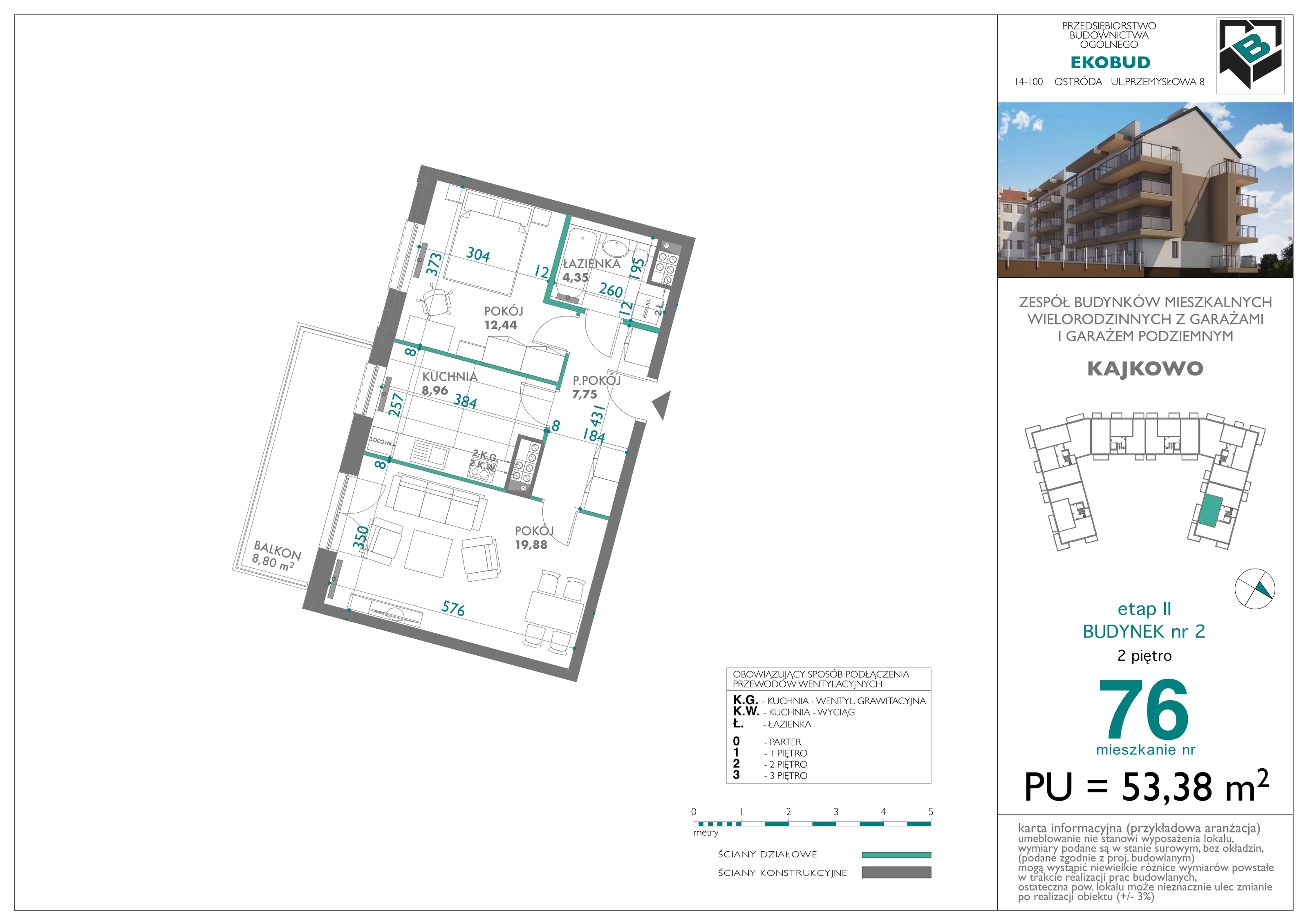 2 pokoje, mieszkanie 53,38 m², piętro 2, oferta nr bud-2-M76, Osiedle Central Park - etap II, Kajkowo, ul. Widok