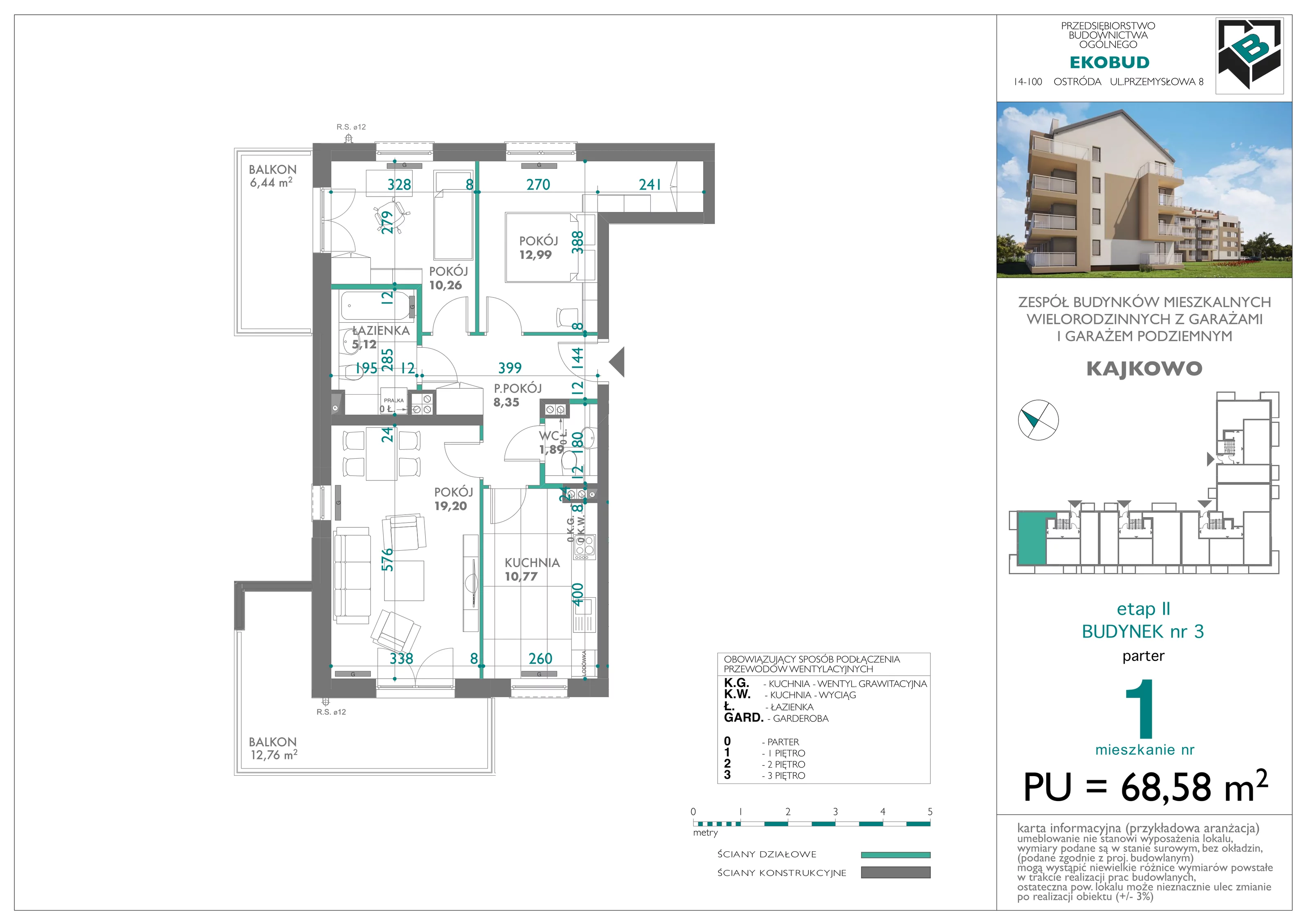 3 pokoje, mieszkanie 68,58 m², parter, oferta nr bud-3-M1, Osiedle Central Park - etap II, Kajkowo, ul. Widok