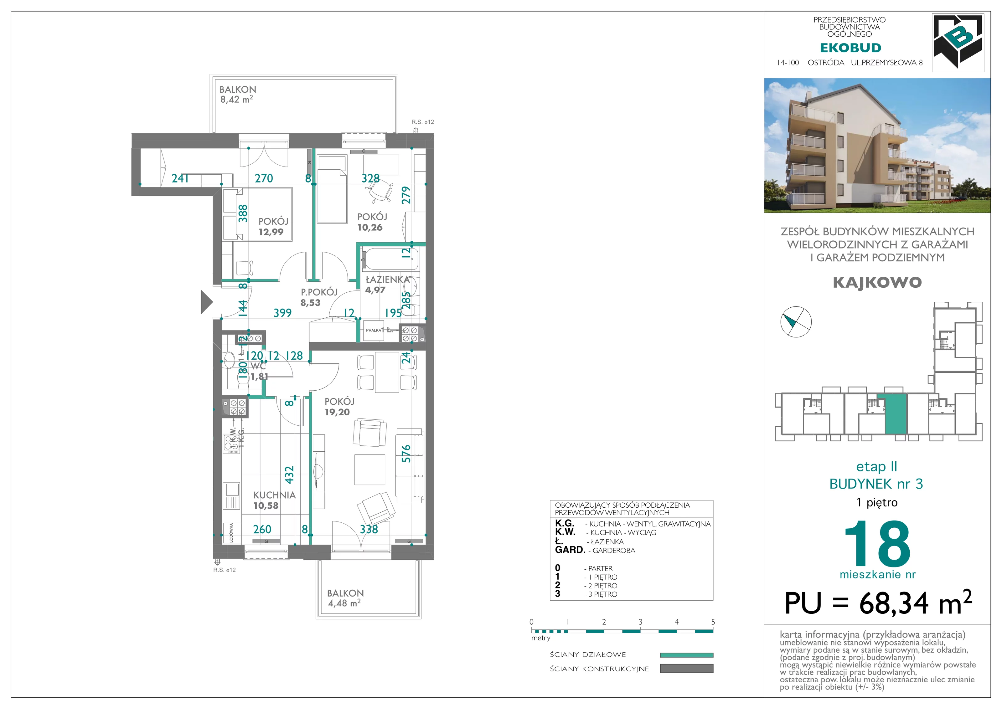 3 pokoje, mieszkanie 68,34 m², piętro 1, oferta nr bud-3-M18, Osiedle Central Park - etap II, Kajkowo, ul. Widok