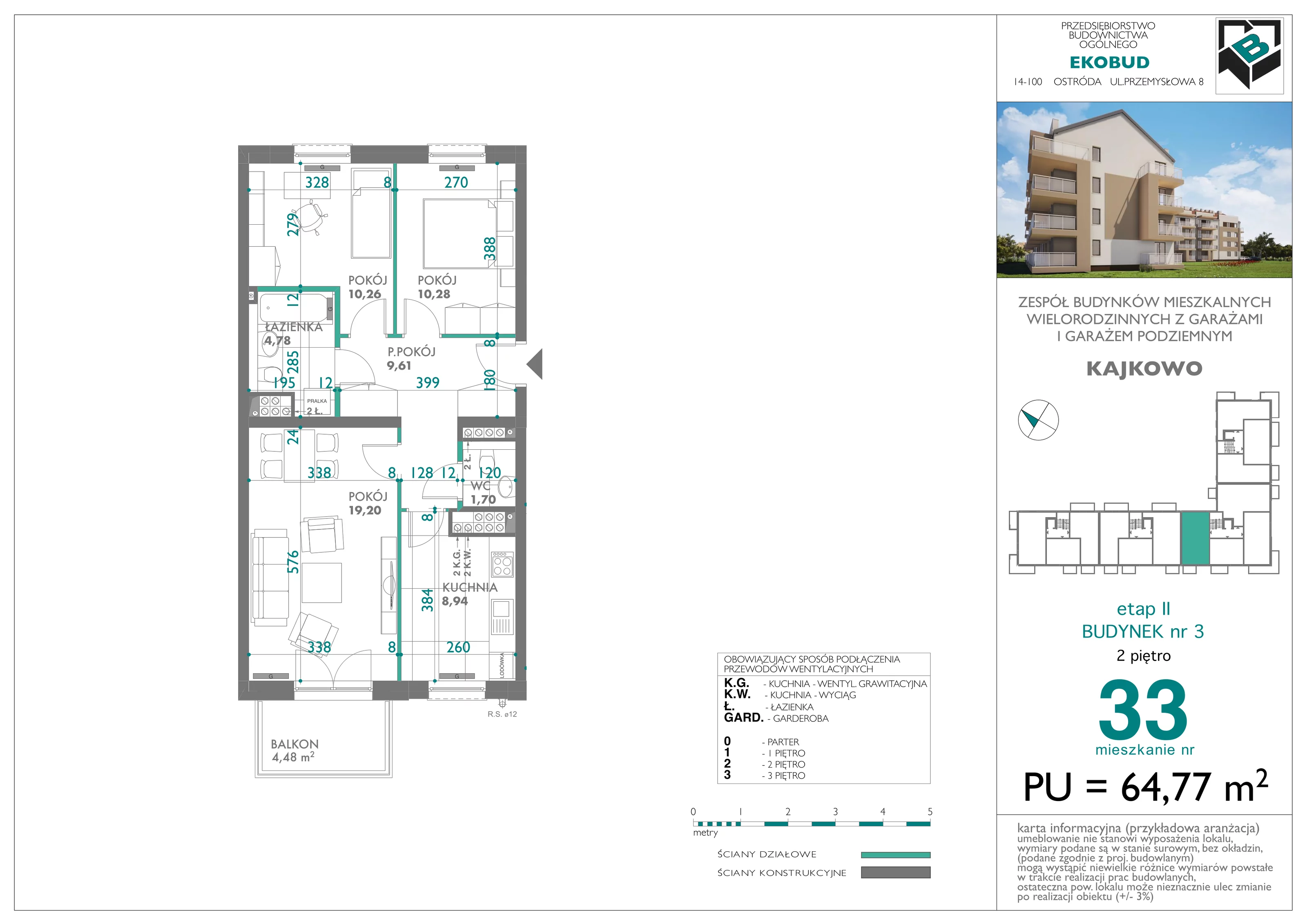 3 pokoje, mieszkanie 64,77 m², piętro 2, oferta nr bud-3-M33, Osiedle Central Park - etap II, Kajkowo, ul. Widok