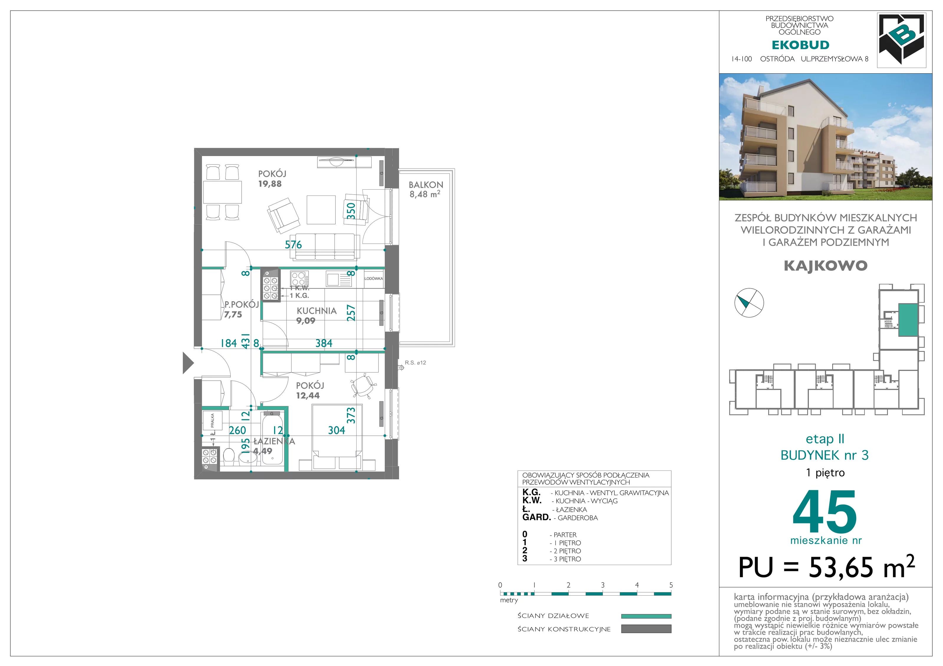 2 pokoje, mieszkanie 53,65 m², piętro 1, oferta nr bud-3-M45, Osiedle Central Park - etap II, Kajkowo, ul. Widok