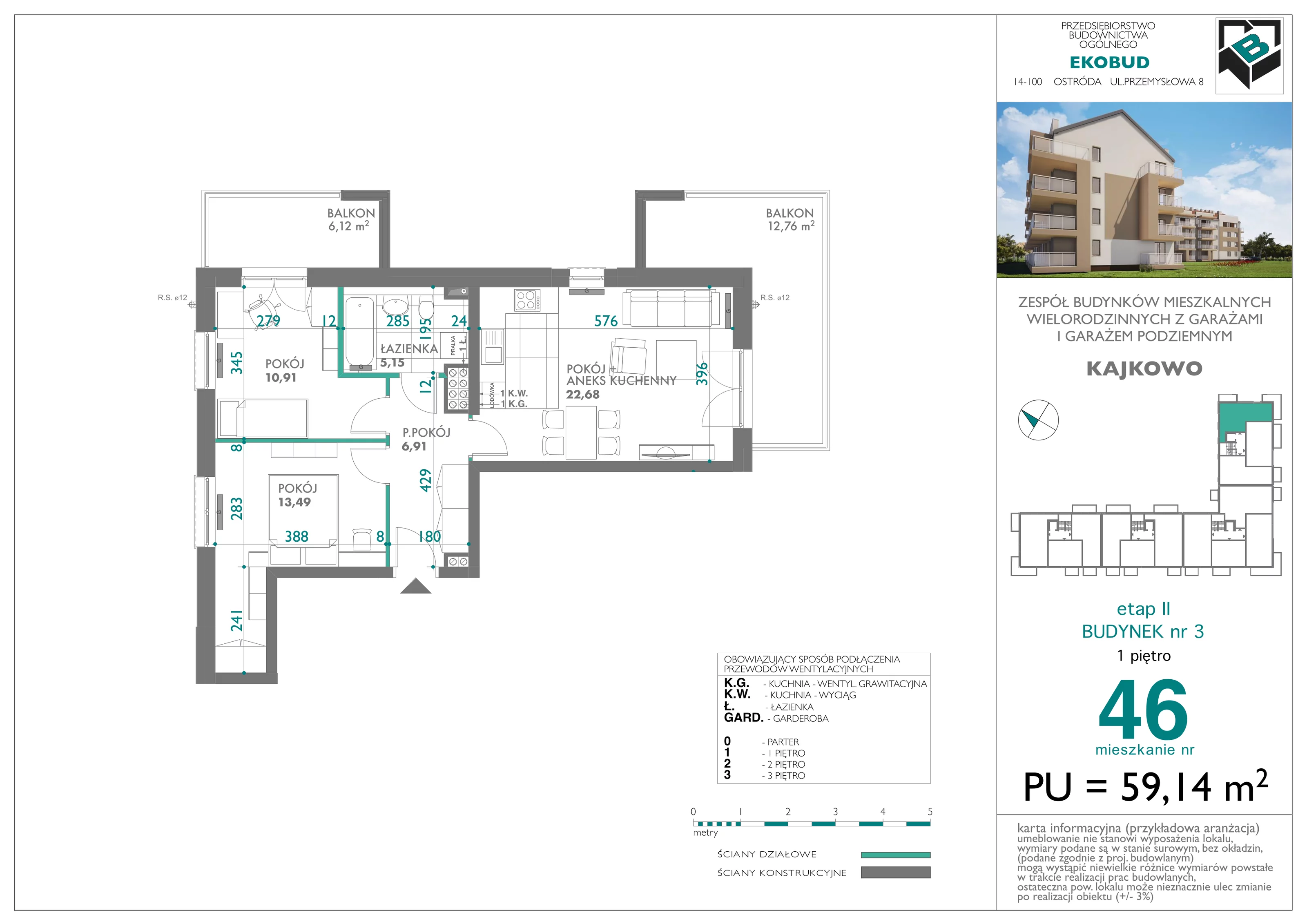 3 pokoje, mieszkanie 59,14 m², piętro 1, oferta nr bud-3-M46, Osiedle Central Park - etap II, Kajkowo, ul. Widok