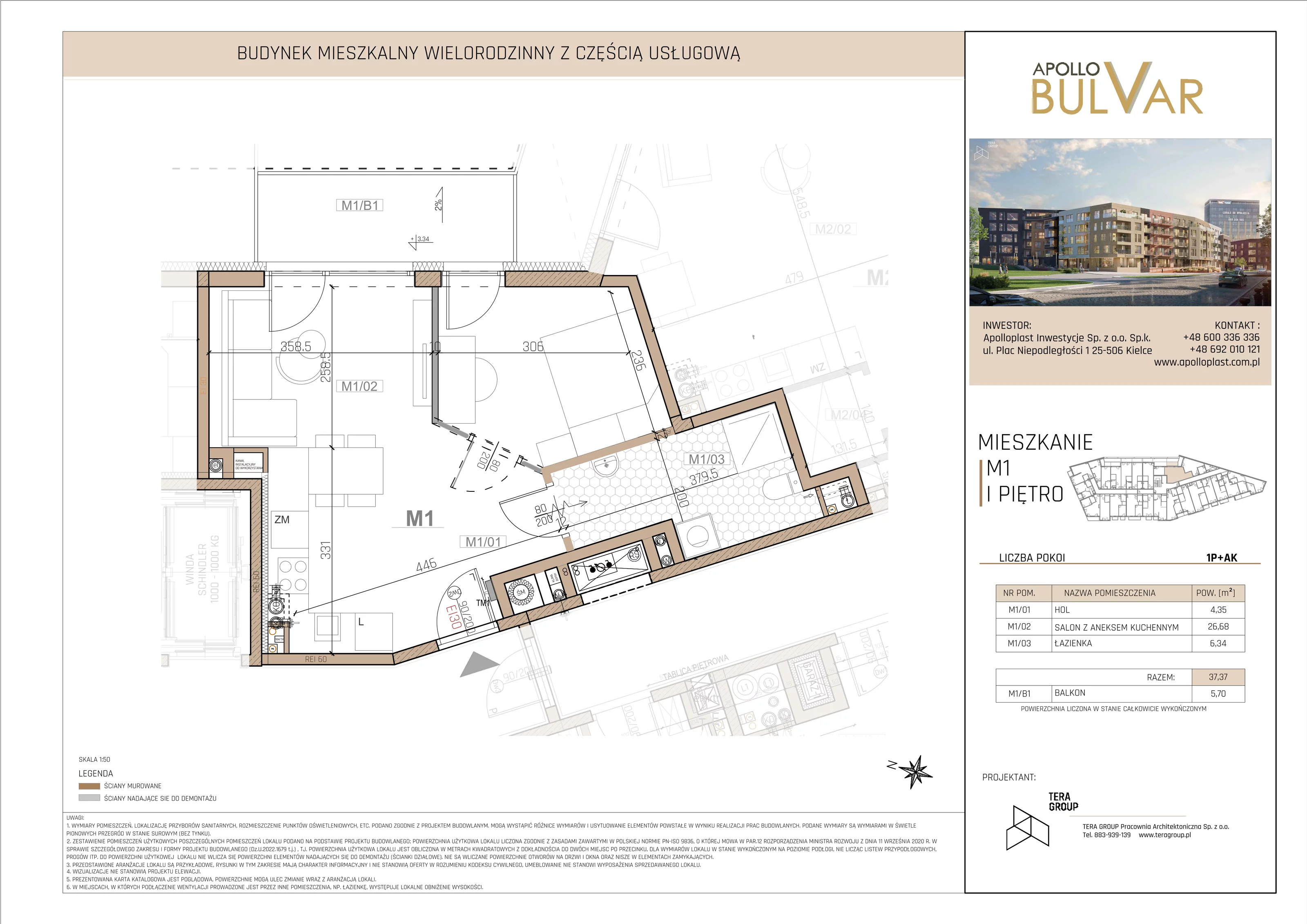 Mieszkanie 38,63 m², piętro 1, oferta nr 1, Apollo Bulvar, Kielce, Centrum, ul. Piotrkowska 16