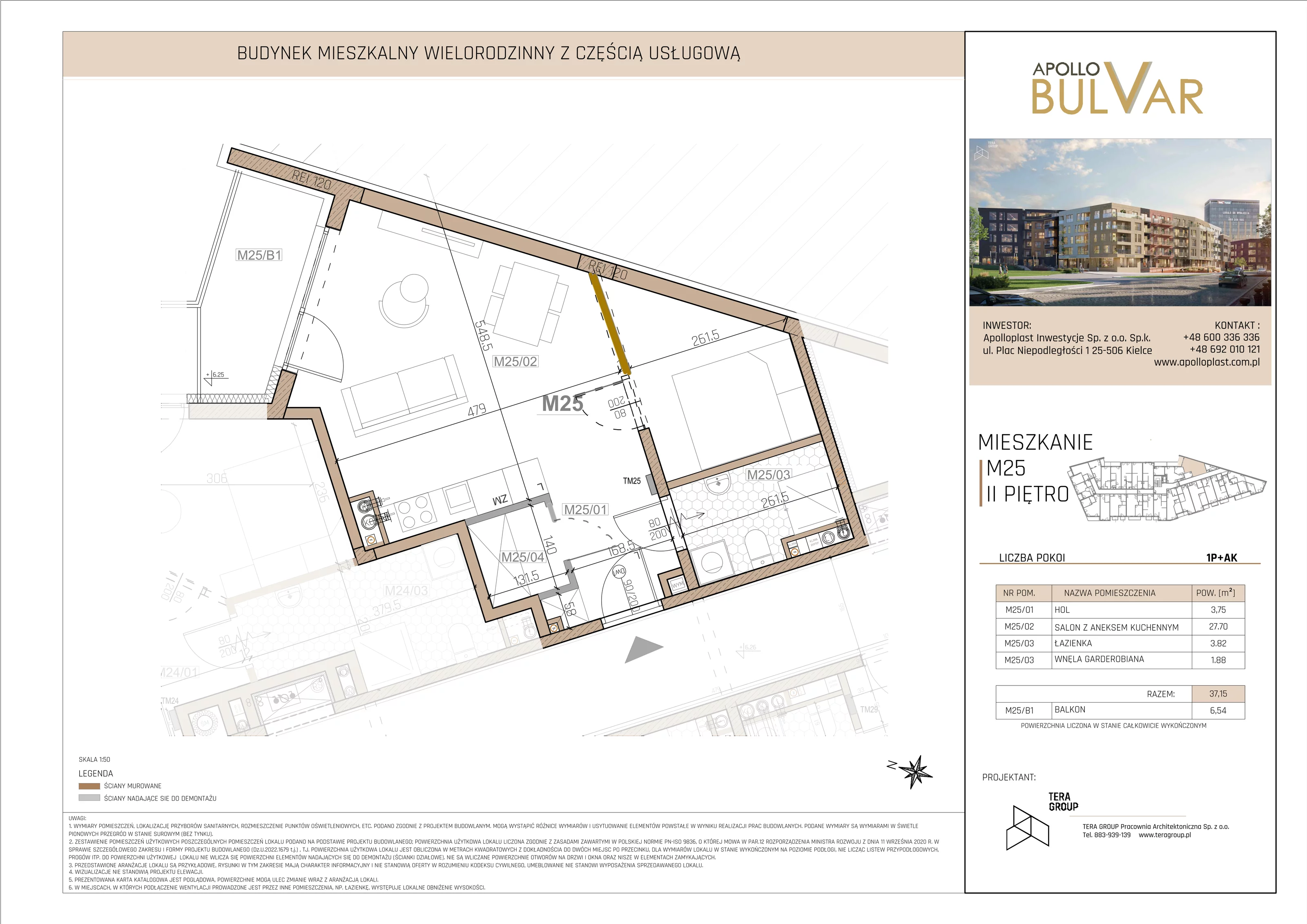 Mieszkanie 36,43 m², piętro 2, oferta nr 25, Apollo Bulvar, Kielce, Centrum, ul. Piotrkowska 16