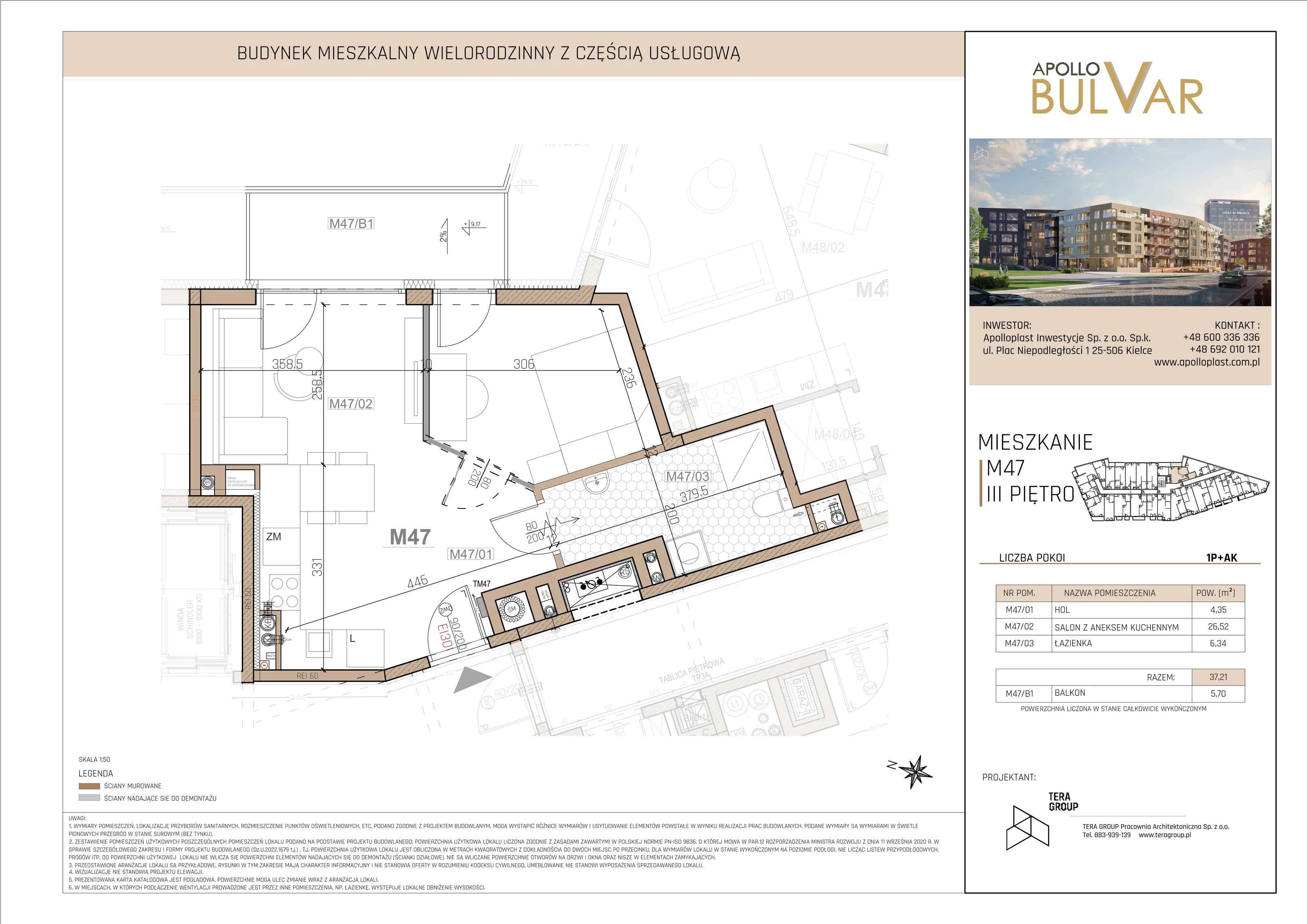 Mieszkanie 38,47 m², piętro 3, oferta nr 47, Apollo Bulvar, Kielce, Centrum, ul. Piotrkowska 16