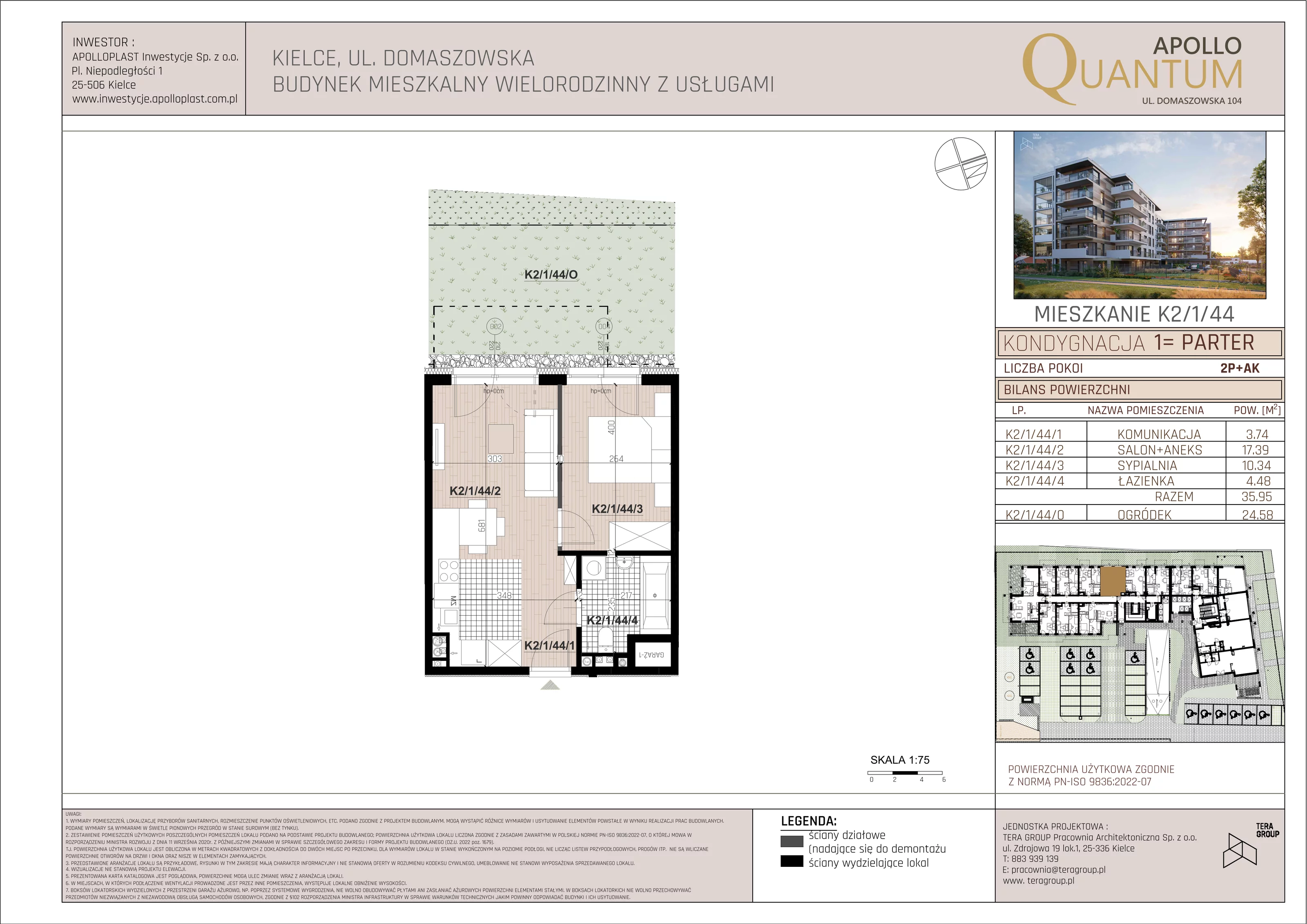 Mieszkanie 35,95 m², parter, oferta nr K2/1/44, Apollo Quantum, Kielce, Nowy Folwark, ul. Domaszowska 104