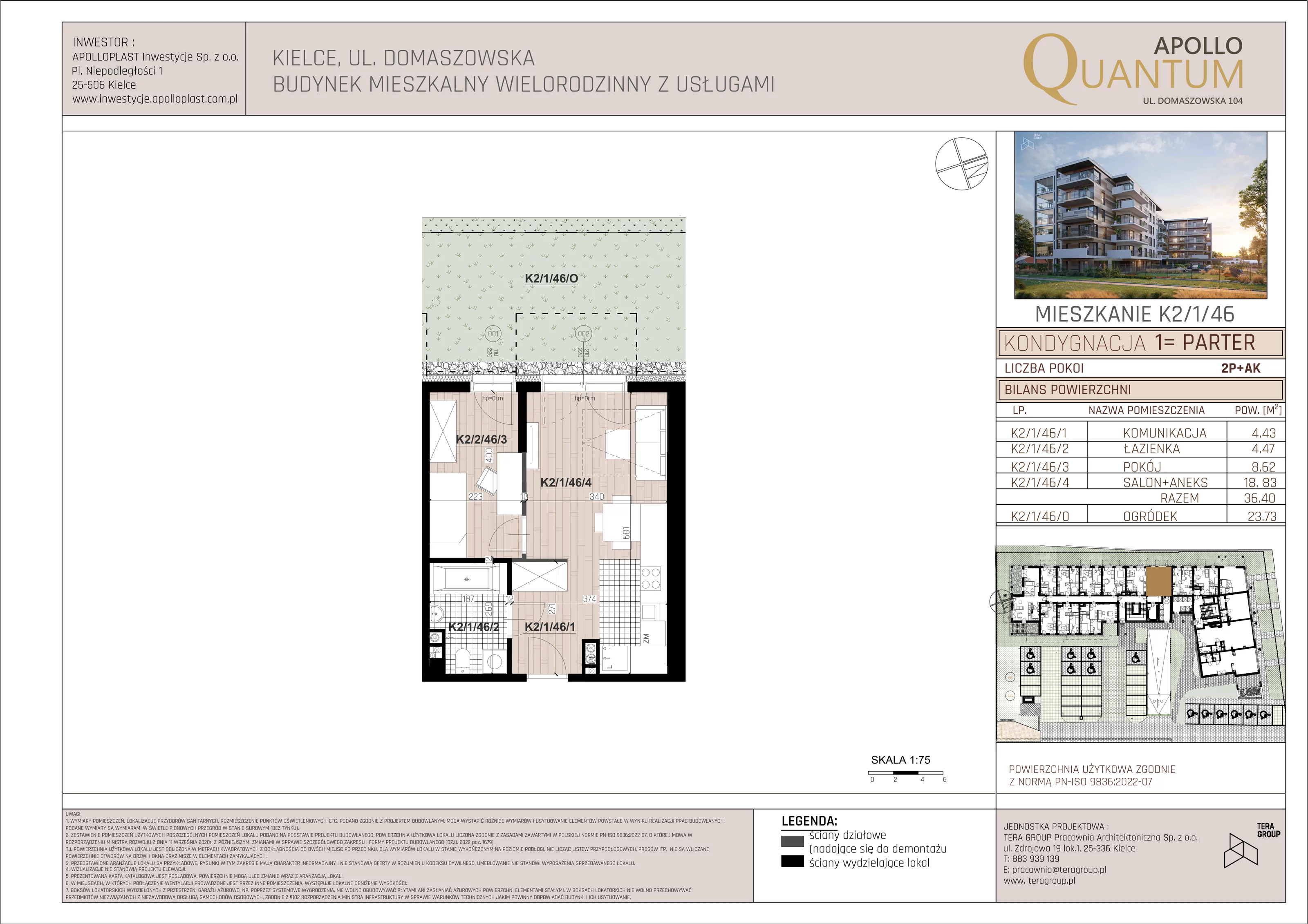 Mieszkanie 36,40 m², parter, oferta nr K2/1/46, Apollo Quantum, Kielce, Nowy Folwark, ul. Domaszowska 104