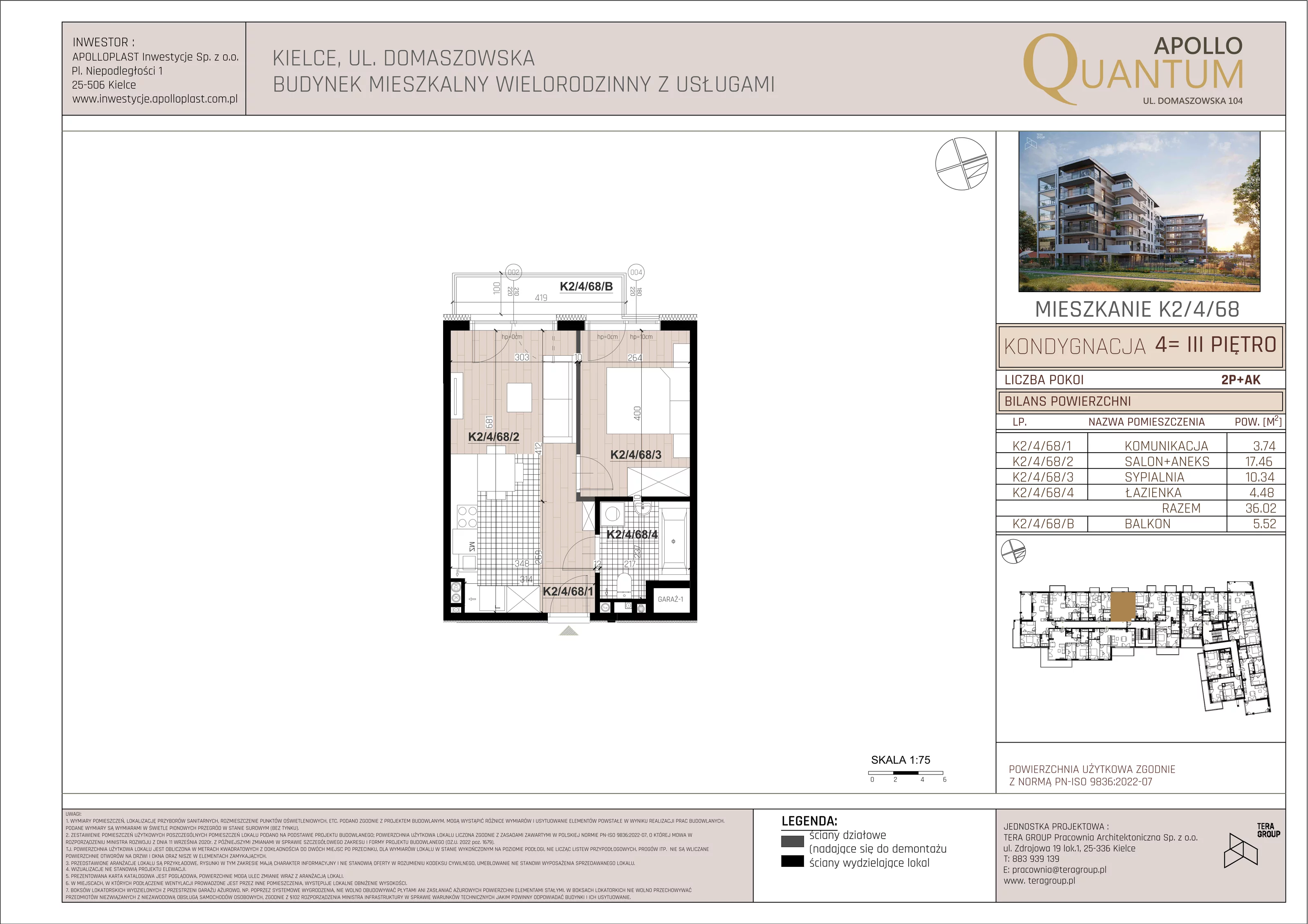 Mieszkanie 36,02 m², piętro 3, oferta nr K2/4/68, Apollo Quantum, Kielce, Nowy Folwark, ul. Domaszowska 104