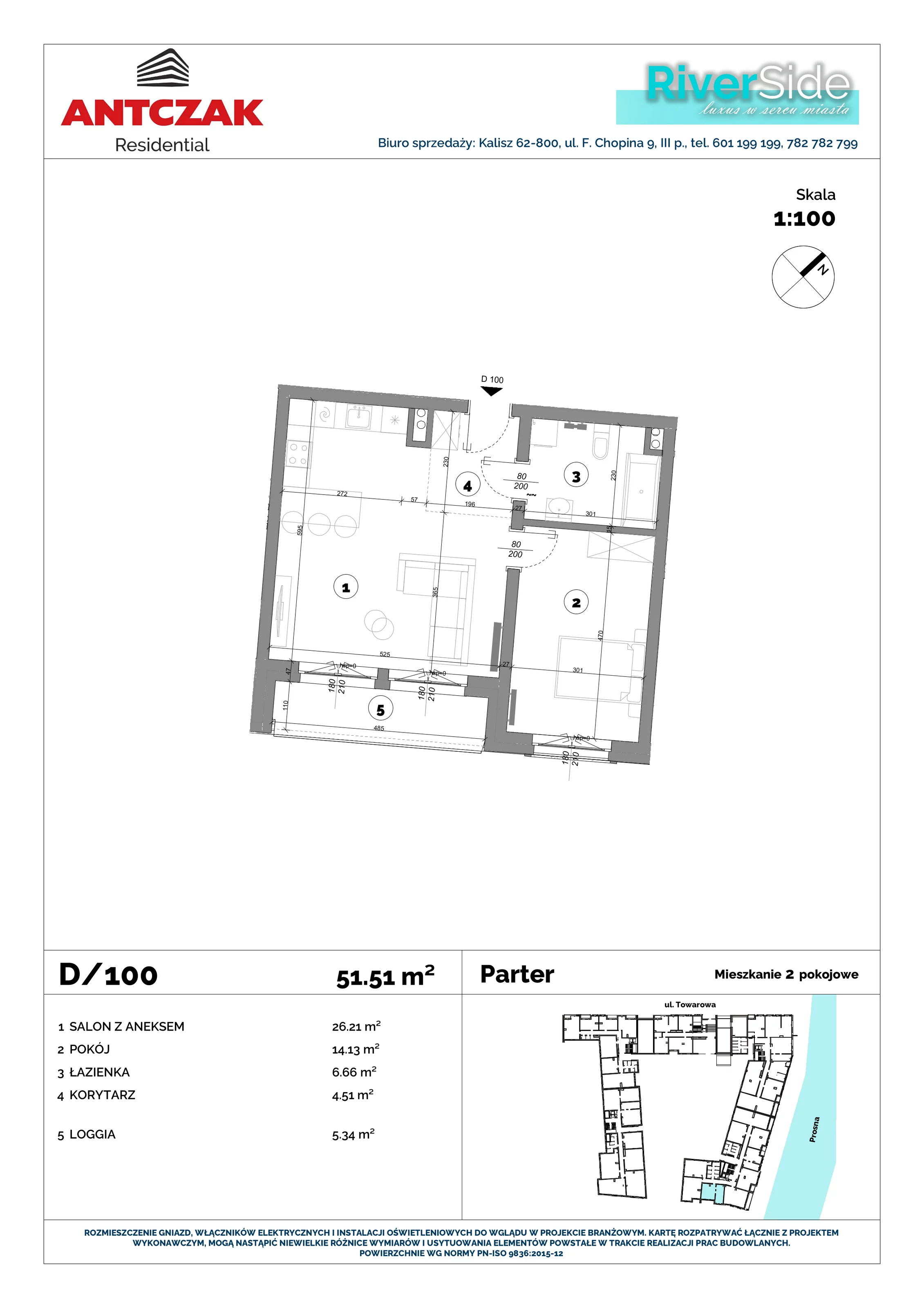 Mieszkanie 51,51 m², parter, oferta nr 100, RiverSide, Kalisz, ul. Towarowa 2