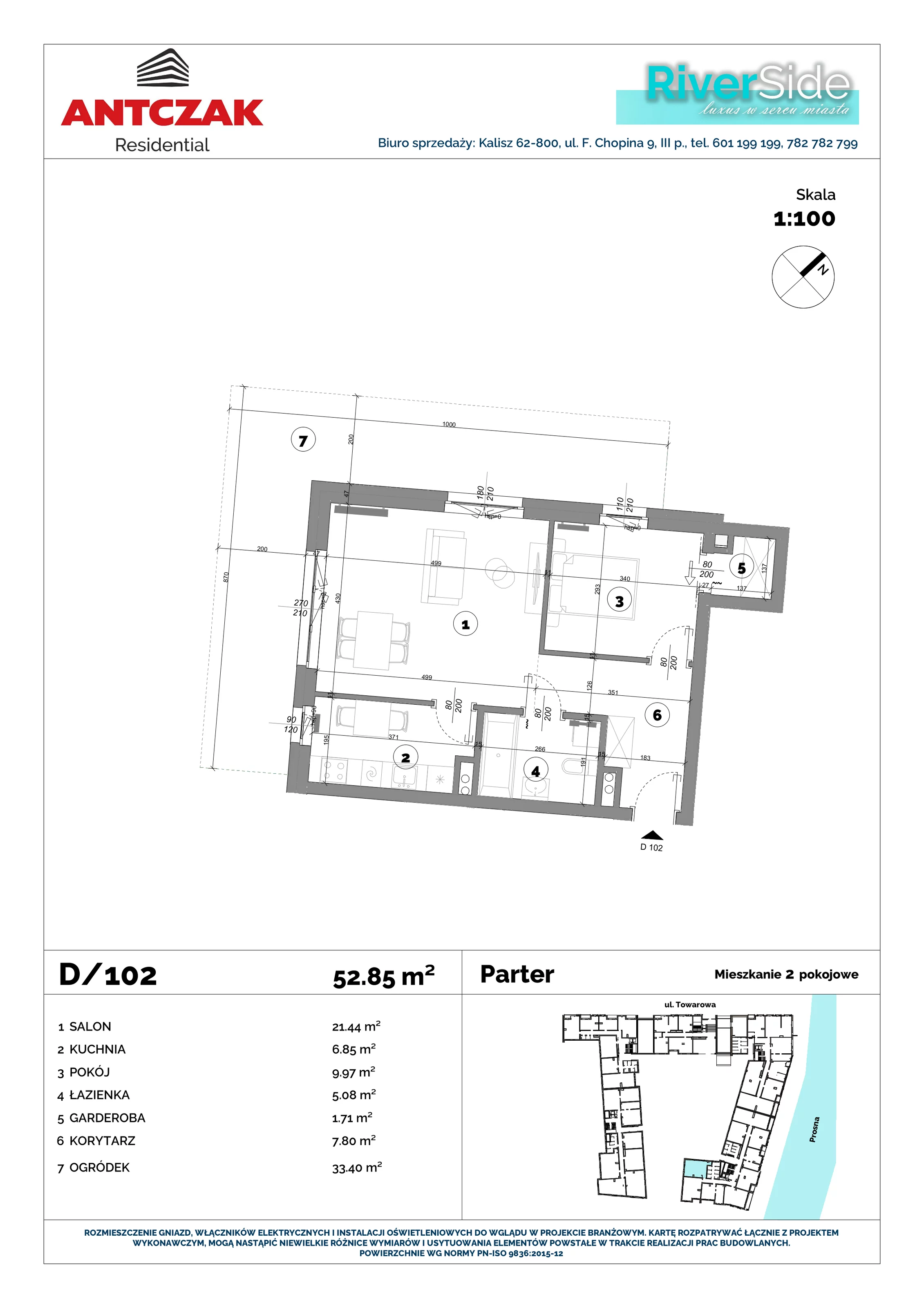 Mieszkanie 52,85 m², parter, oferta nr 102, RiverSide, Kalisz, ul. Towarowa 2