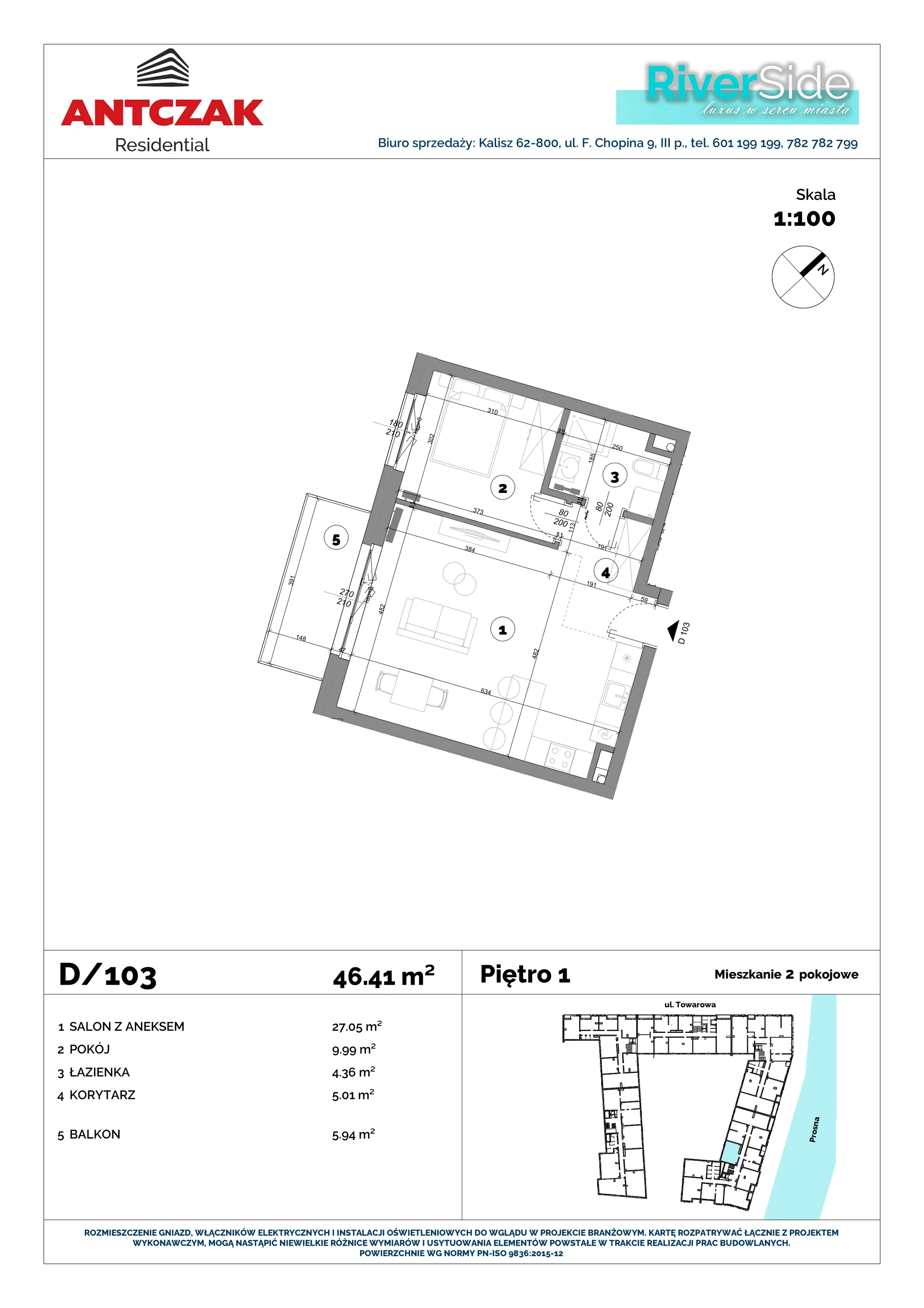 Mieszkanie 46,41 m², piętro 1, oferta nr 103, RiverSide, Kalisz, ul. Towarowa 2