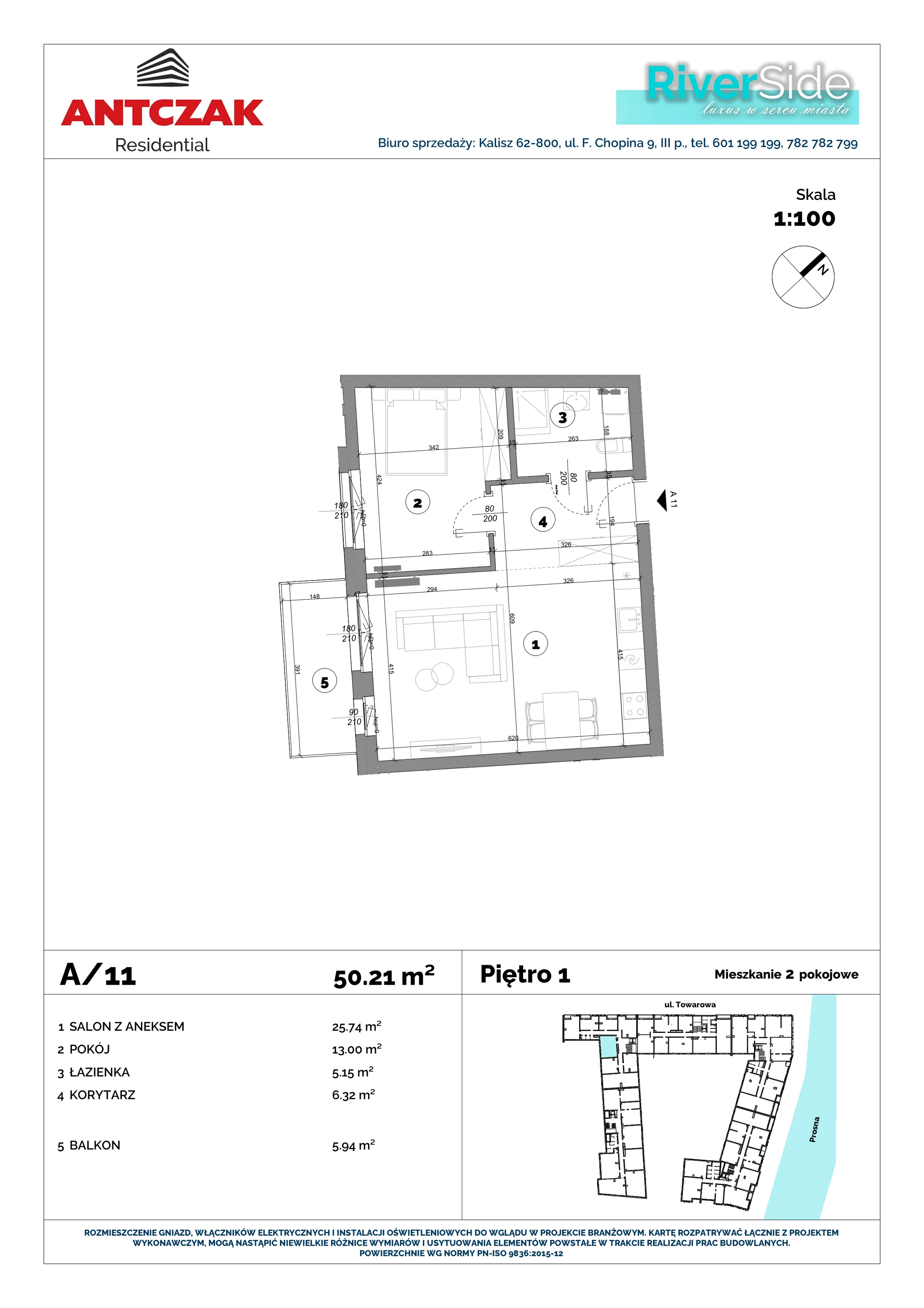 Mieszkanie 50,20 m², piętro 1, oferta nr 11, RiverSide, Kalisz, ul. Towarowa 2