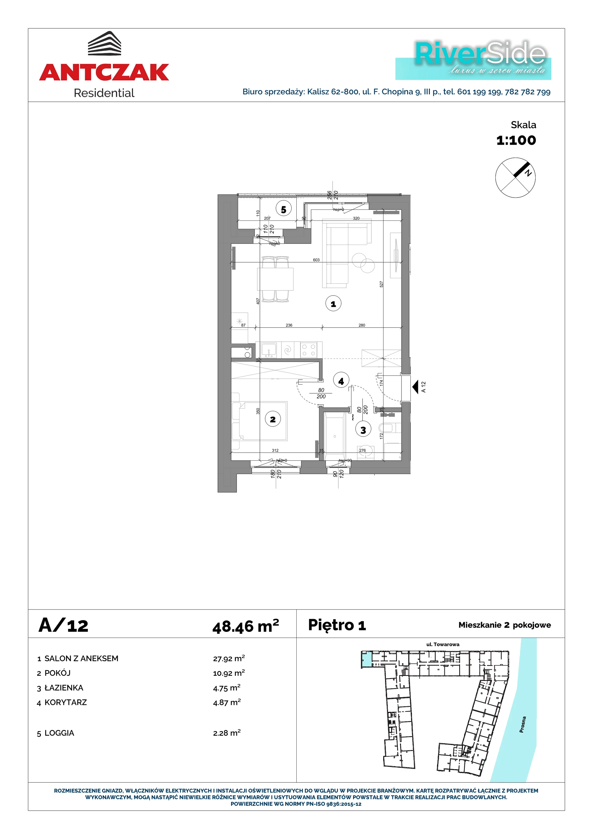 Mieszkanie 48,46 m², piętro 1, oferta nr 12, RiverSide, Kalisz, ul. Towarowa 2