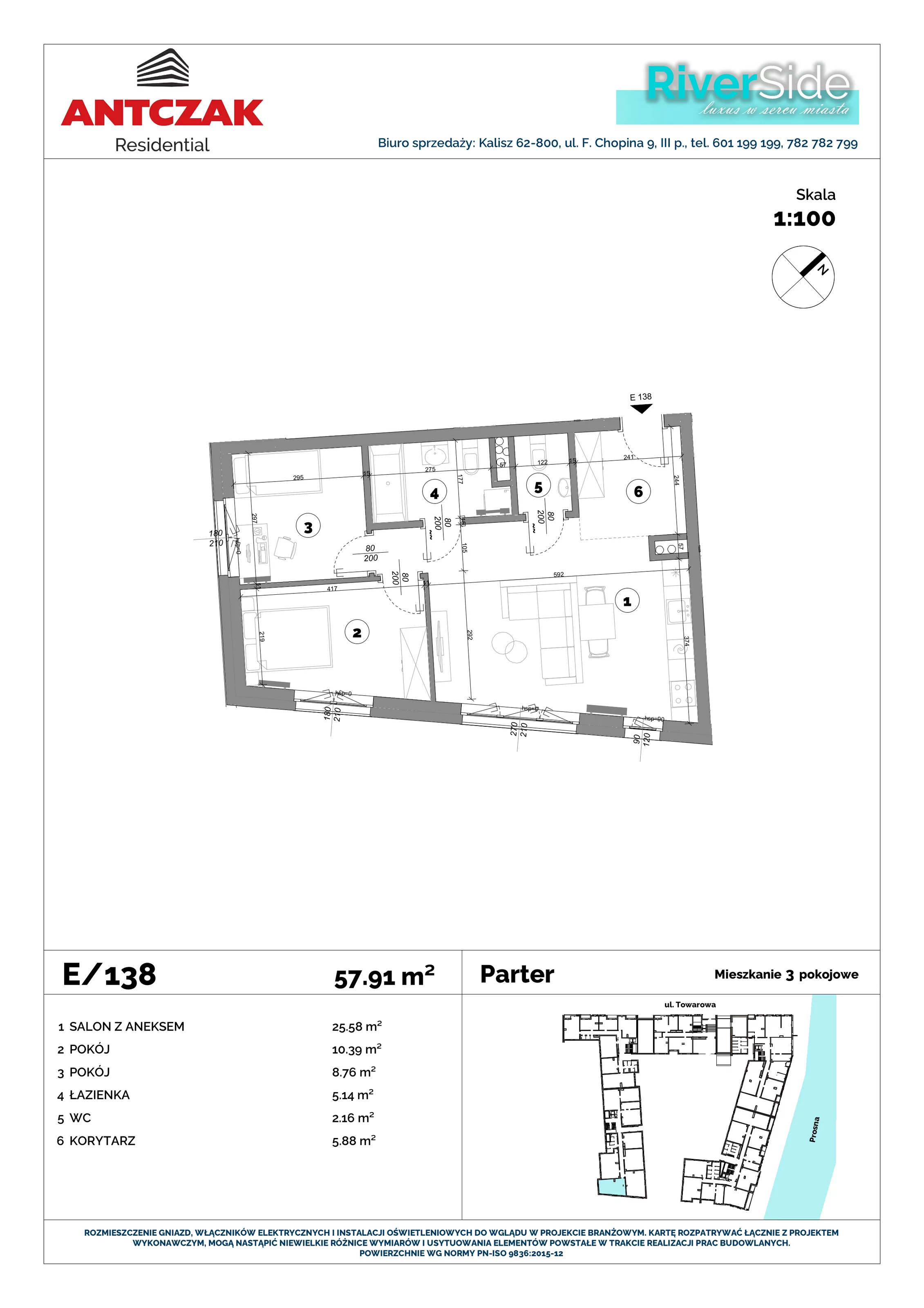 Mieszkanie 57,91 m², parter, oferta nr 138, RiverSide, Kalisz, ul. Towarowa 2