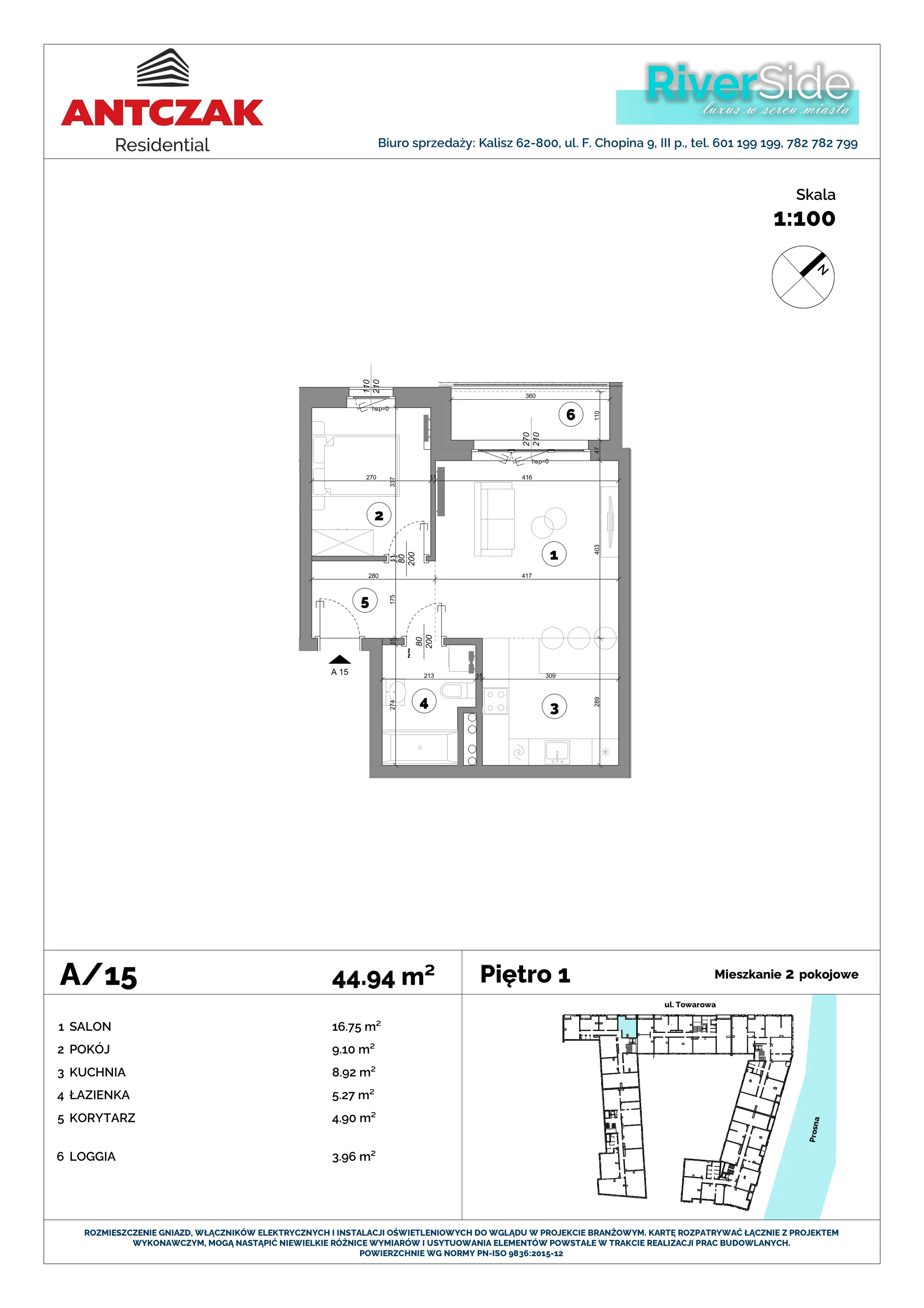 Mieszkanie 44,97 m², piętro 1, oferta nr 15, RiverSide, Kalisz, ul. Towarowa 2