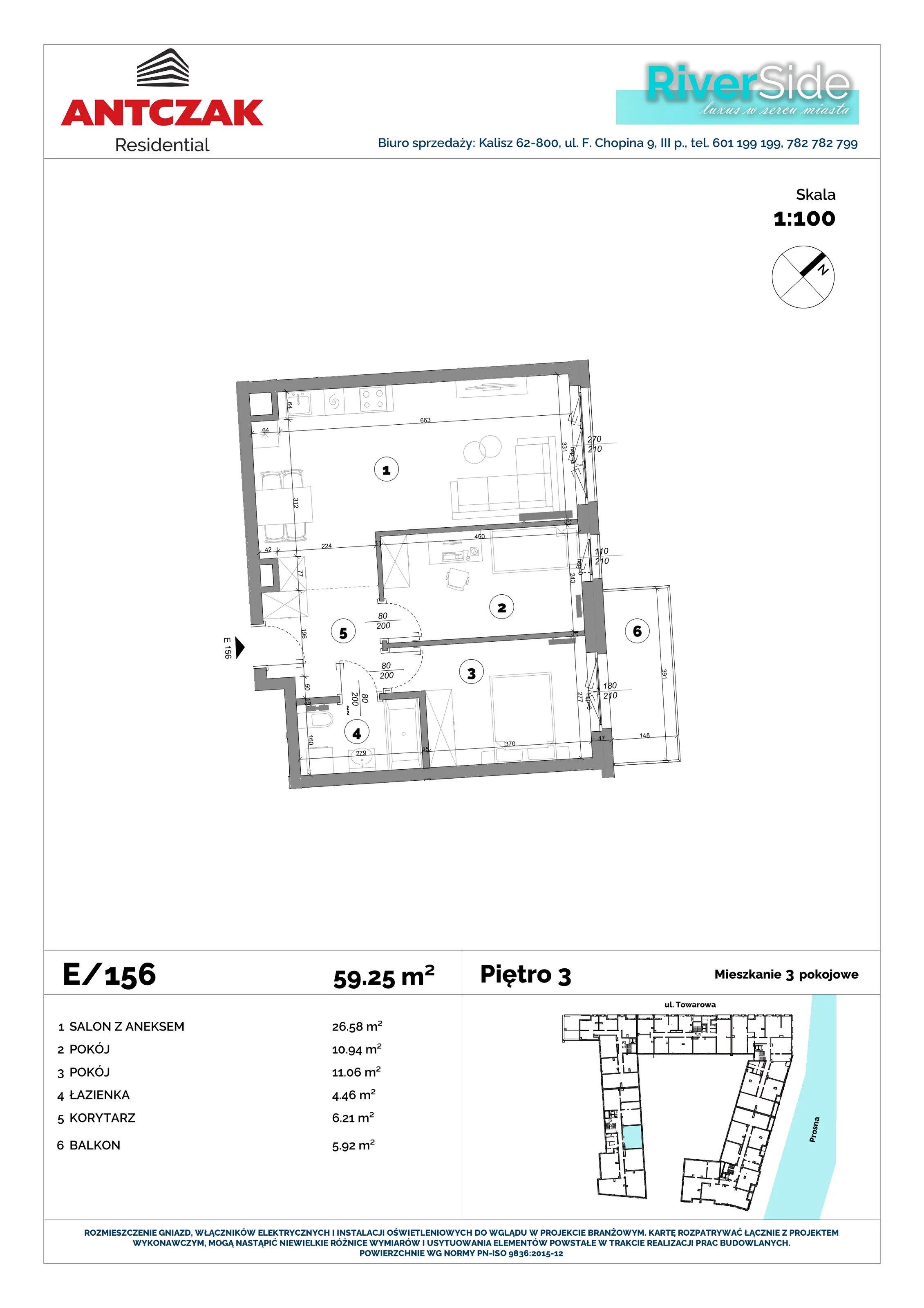 Mieszkanie 59,25 m², piętro 3, oferta nr 156, RiverSide, Kalisz, ul. Towarowa 2